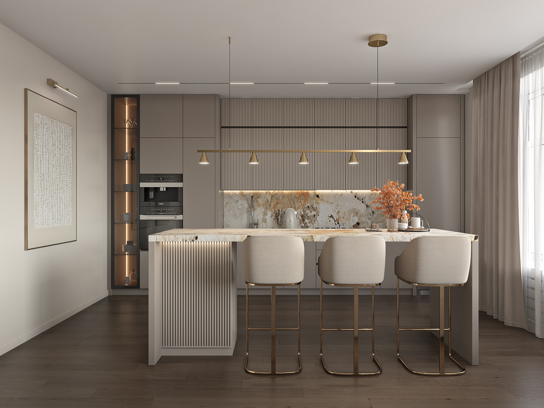 Гостиная-кухня в теплых оттенках-1