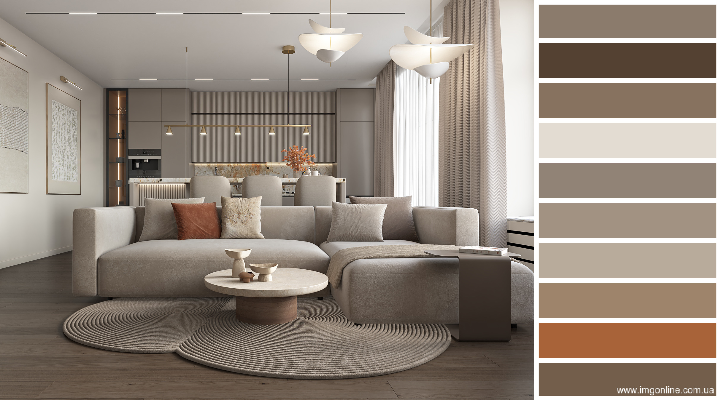 Гостиная-кухня в теплых оттенках-8