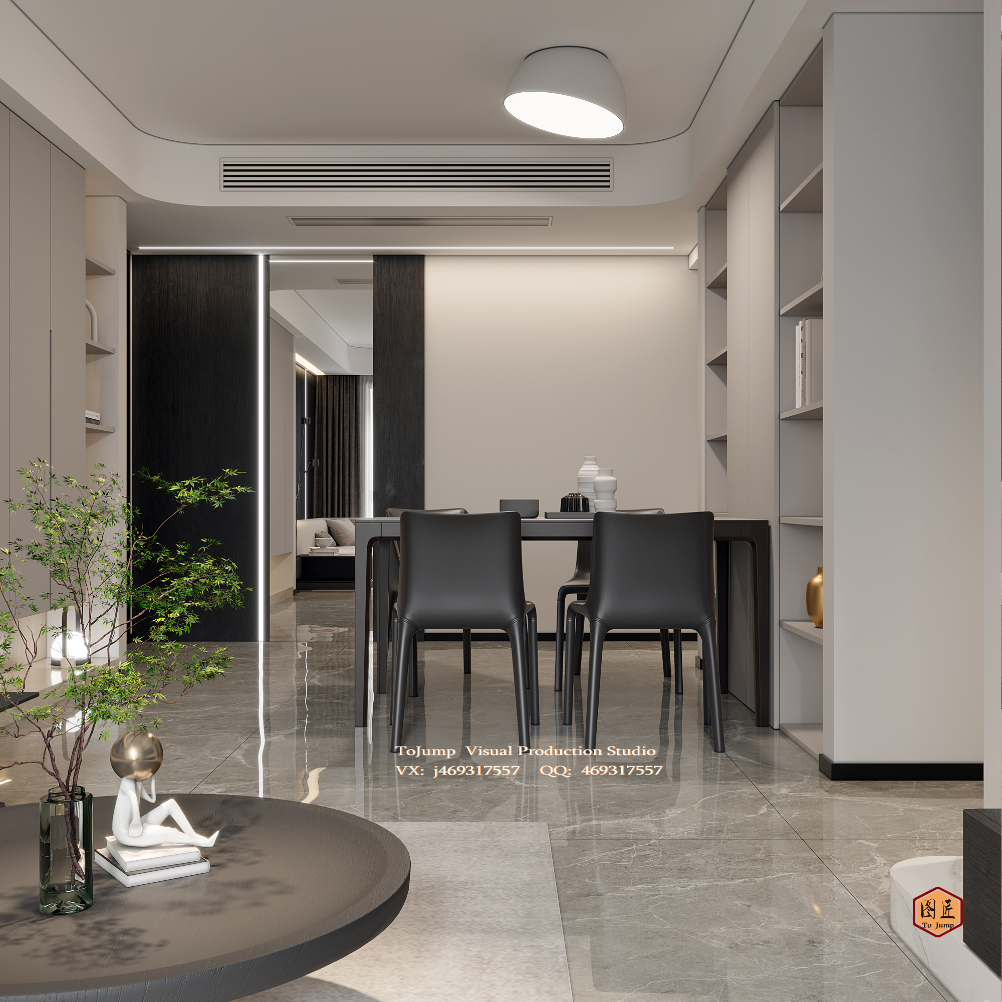 现代黑白灰客餐厅写实渲染效果图-8