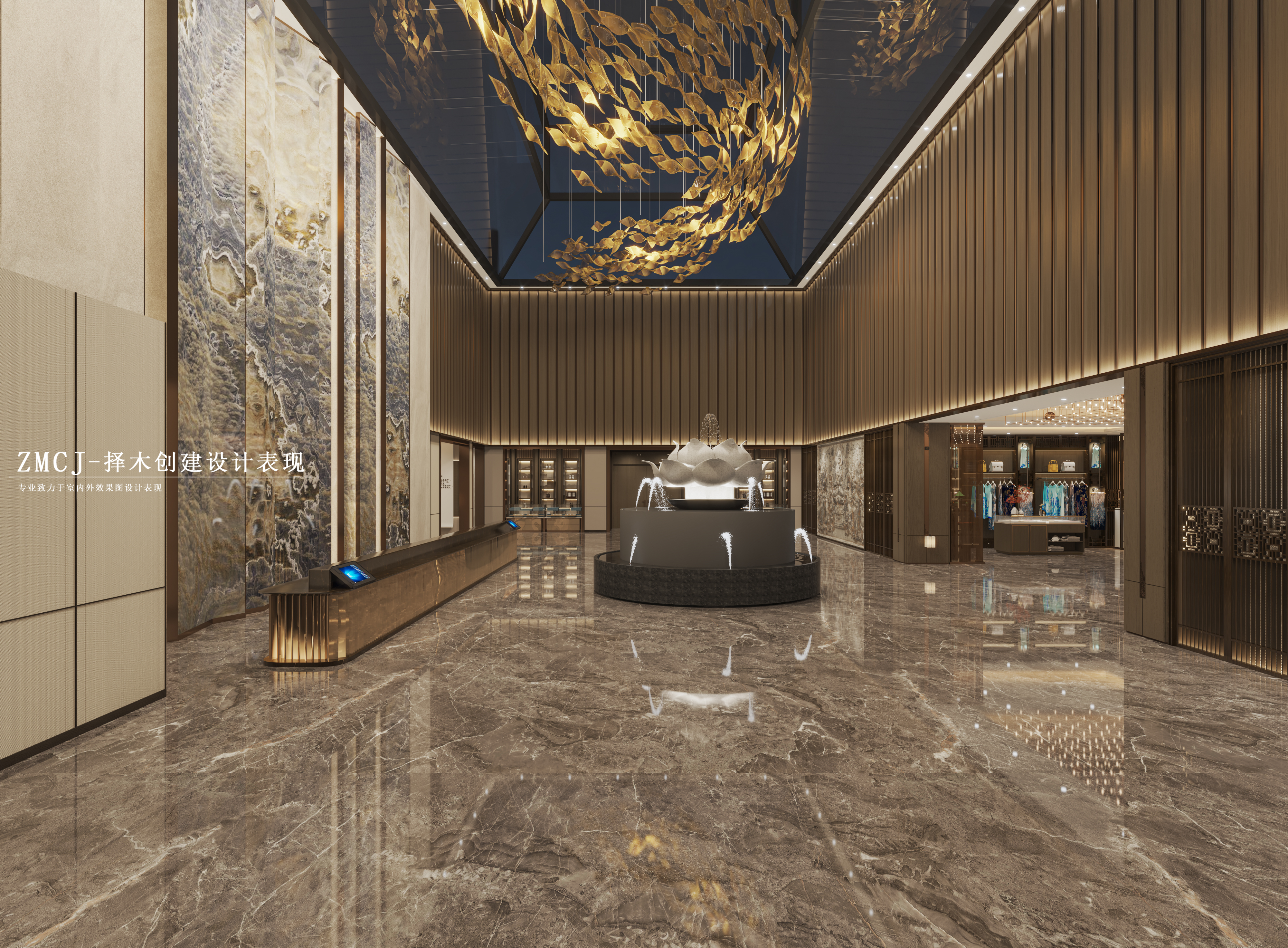 现代+新中式酒店大厅—择木创建新晨效果图-0