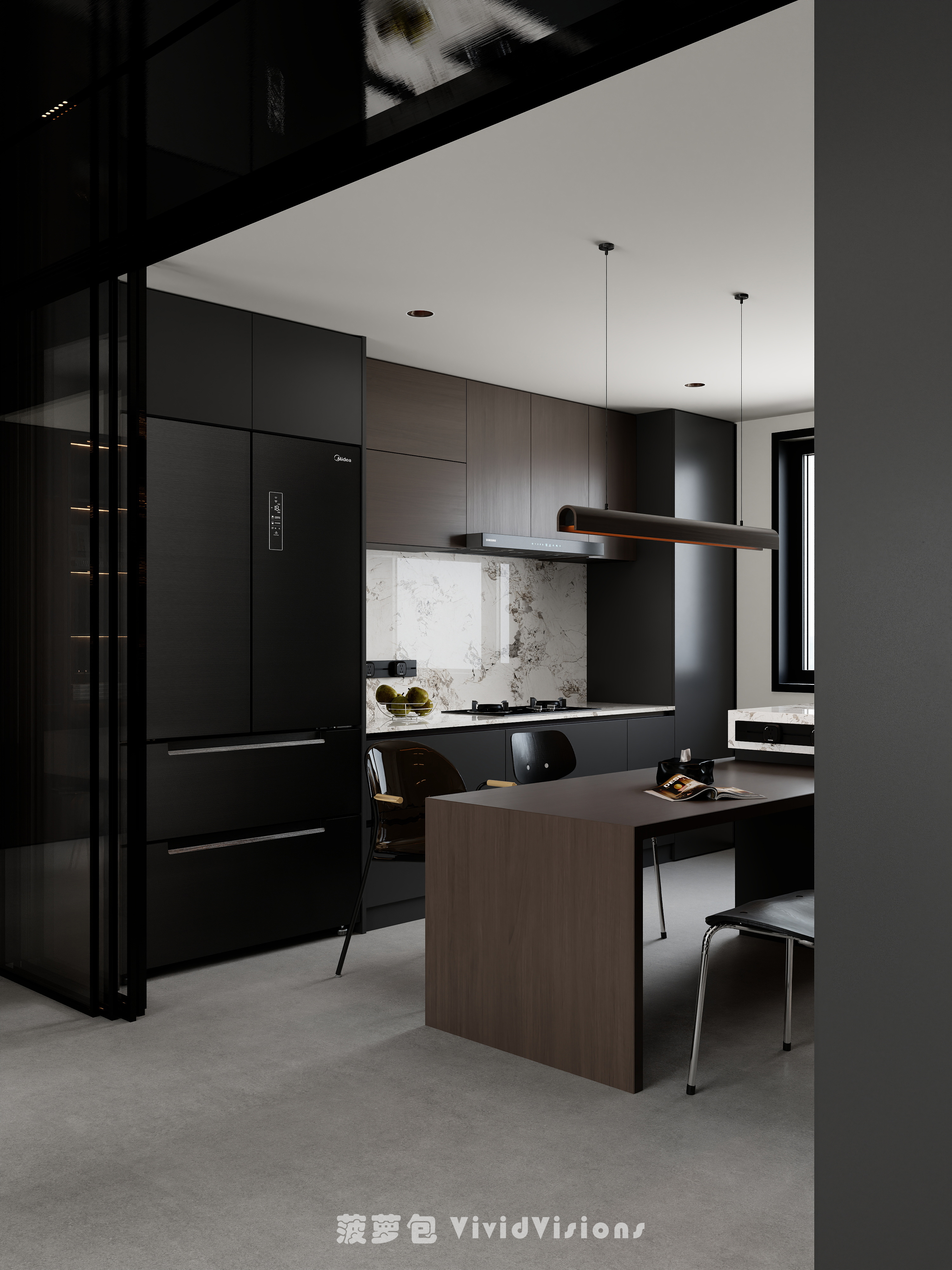 极简黑白客餐厅设计丨专业个人全职效果图代画-5