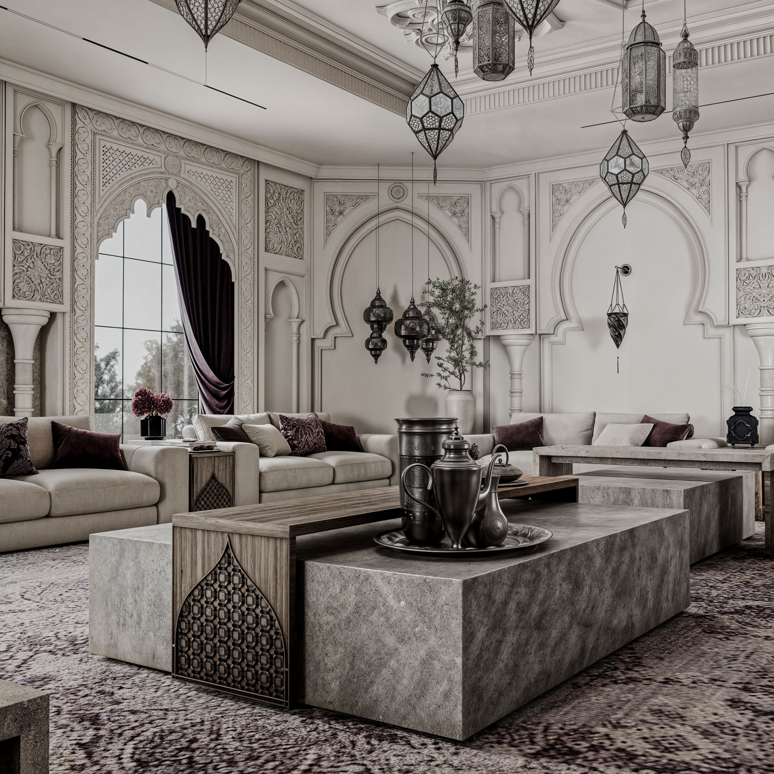 奢华的摩洛哥女性会客室

注：majlis常见释义为会客室；会议室 ，结合语境这里理解为女性会客室；Lu·urious可能是Luxurious拼写错误，按奢华的来翻译 丨OM STUDIO-6