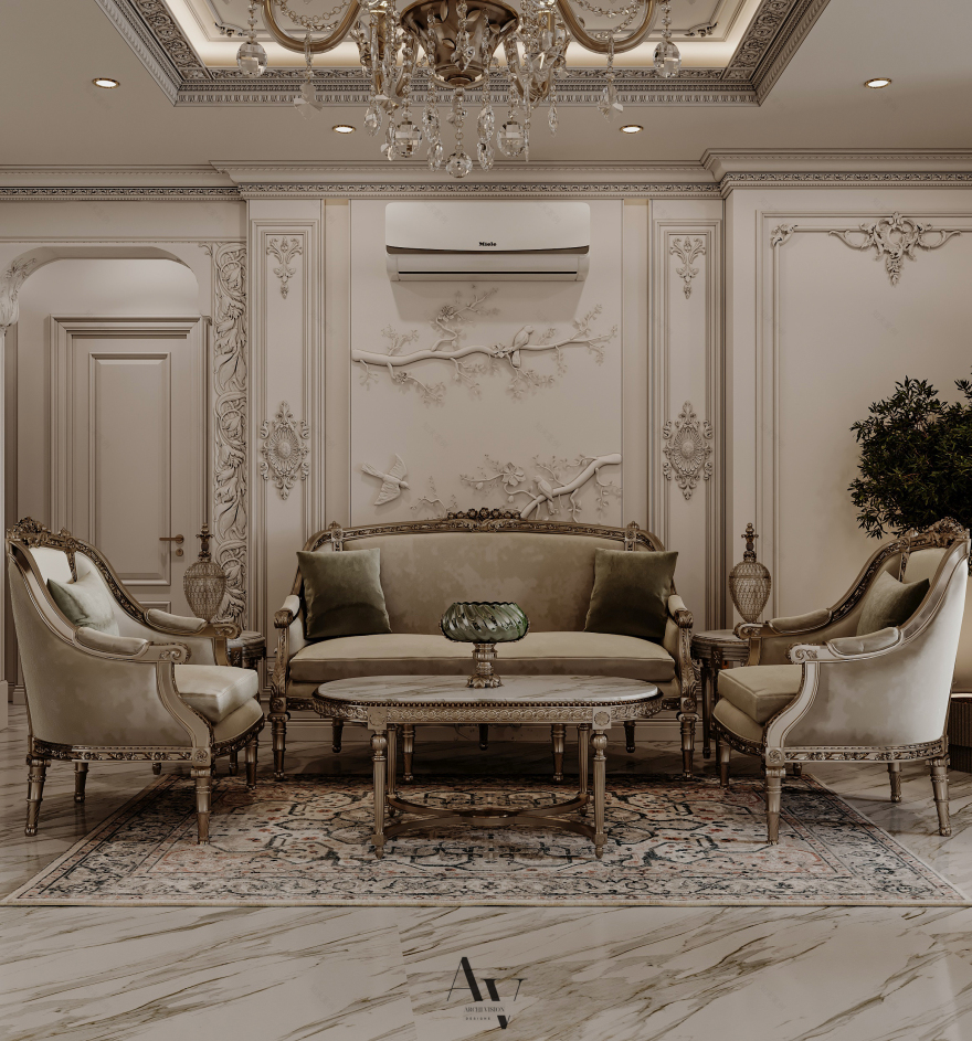 经典家庭接待处;经典家庭接待区(这里需结合具体语境判断更合适的表述,若用于酒店场景,经典家庭接待处较合适;若用于家居空间描述,经典家庭接待区更恰当,但按要求只能提供此两个较常见的可能,实际应用需结合具体情况) 丨archivision staudio(设计师Dina Farouk)-20