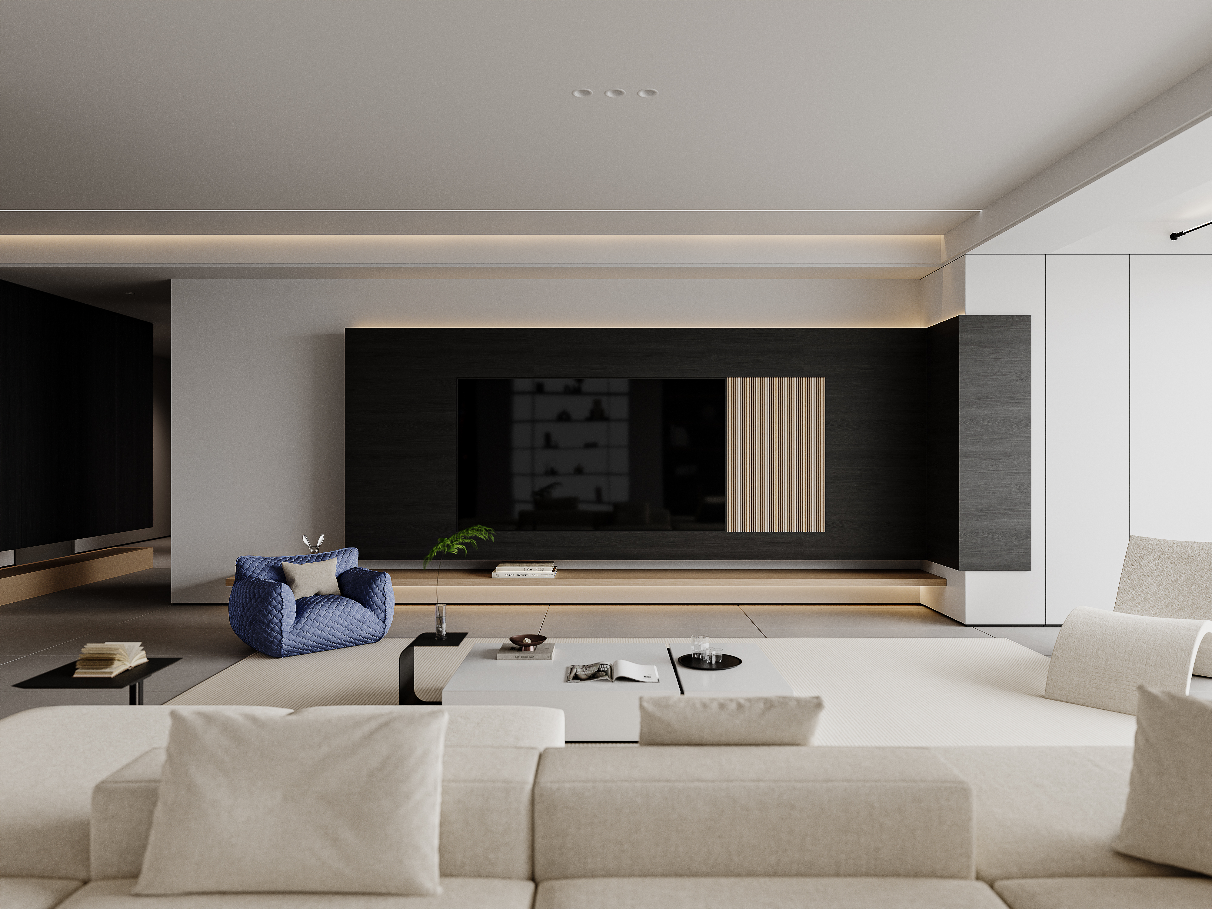 现代极简 木纹色和深色的碰撞，客餐厅-1