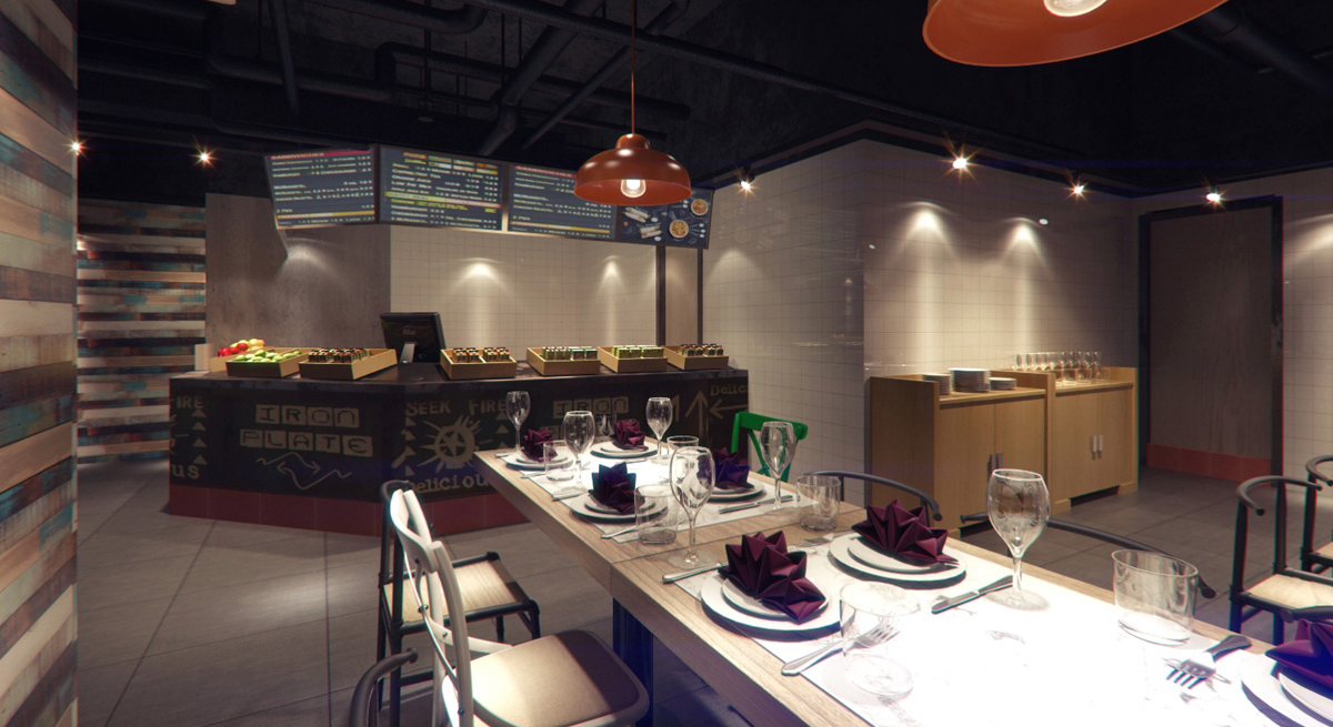 餐厅设计效果图中餐厅餐厅包间包房小吃店面馆工业主题餐厅-3-19