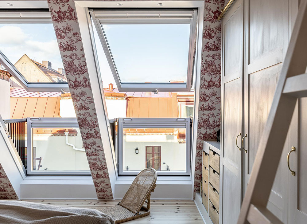 瑞典独特公寓设计，阁楼卧室墙纸亮点-29