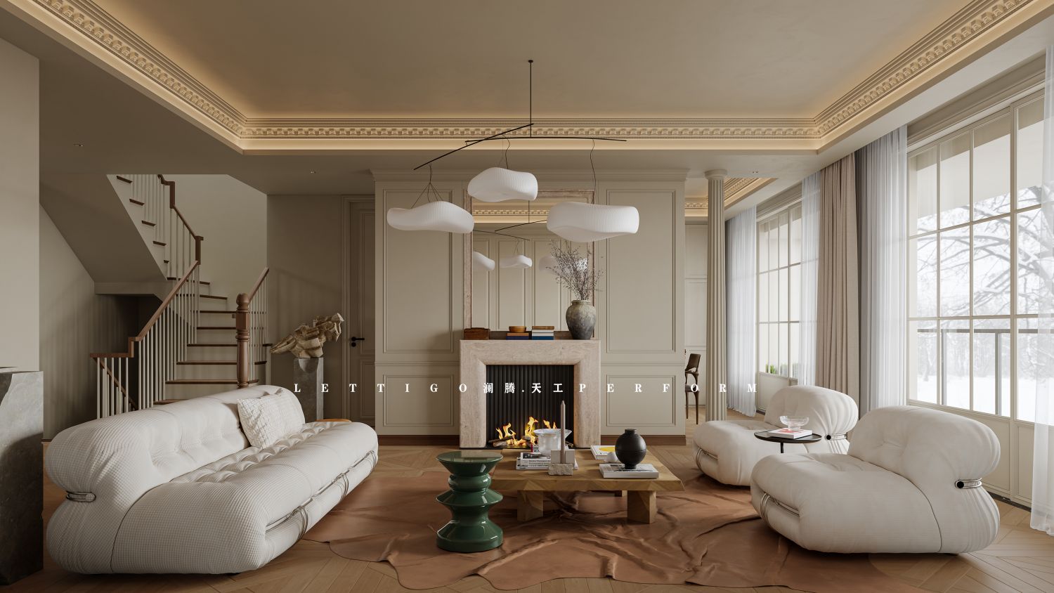 微微的复古气息增添了轻法式客厅的松弛感-0