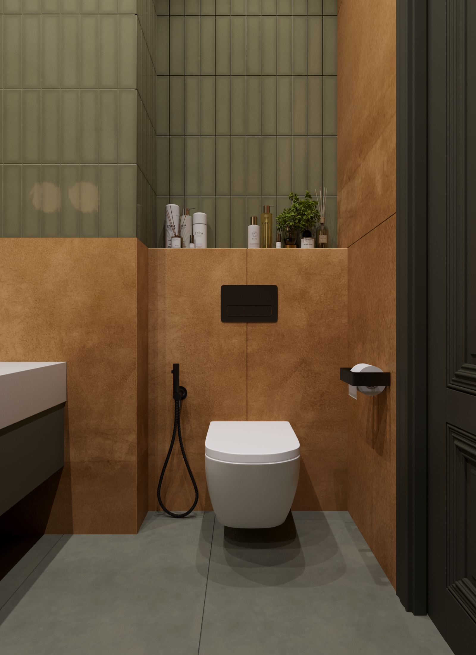 Green ang orange aesthetic bathroom design-4