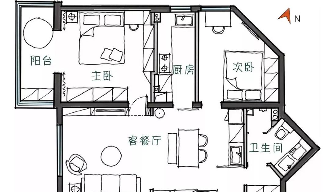全能格局,珊瑚橘色点缀的玖雅平层设计-6