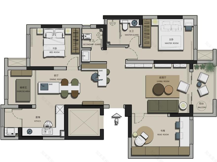 薄荷夏日,书柜壁炉打造清雅空间-25