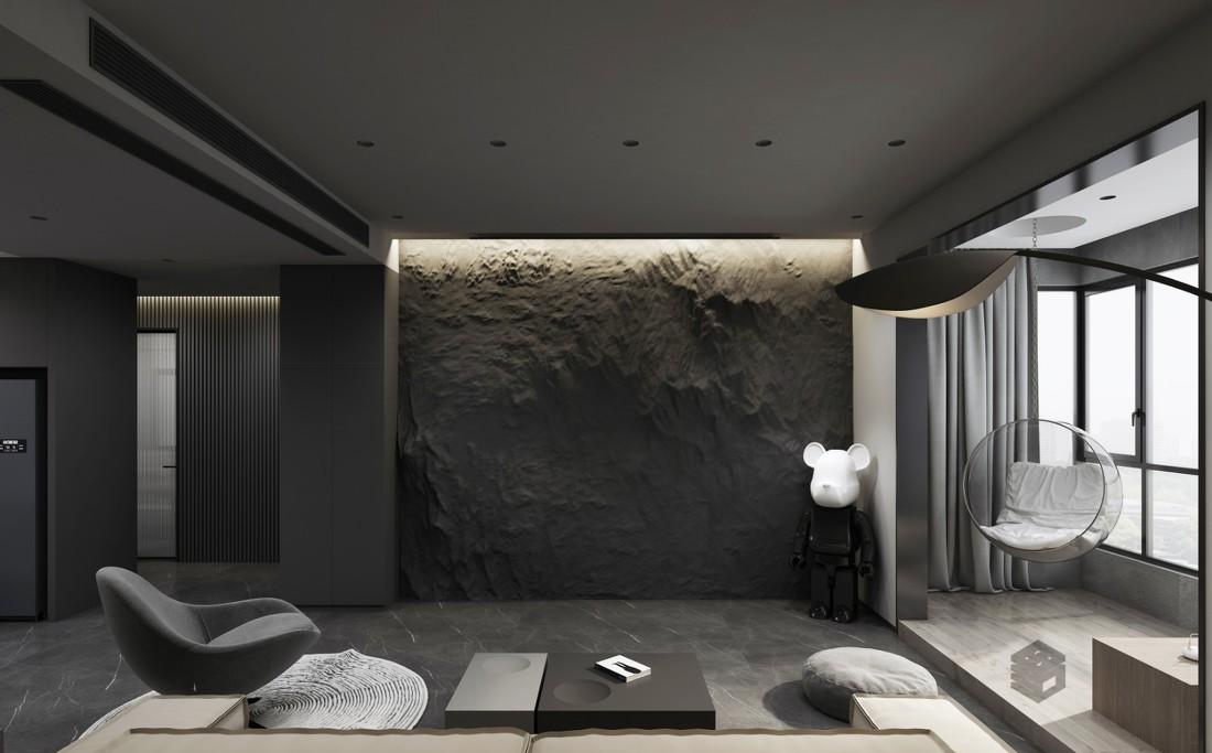 黑色空间现代极简设计 | 石皮与黑色栅格的完美融合-0