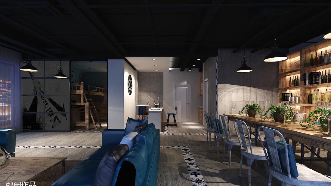 复古工业风 SOHO 设计，老船木酒柜与蓝白花砖碰撞火花-8