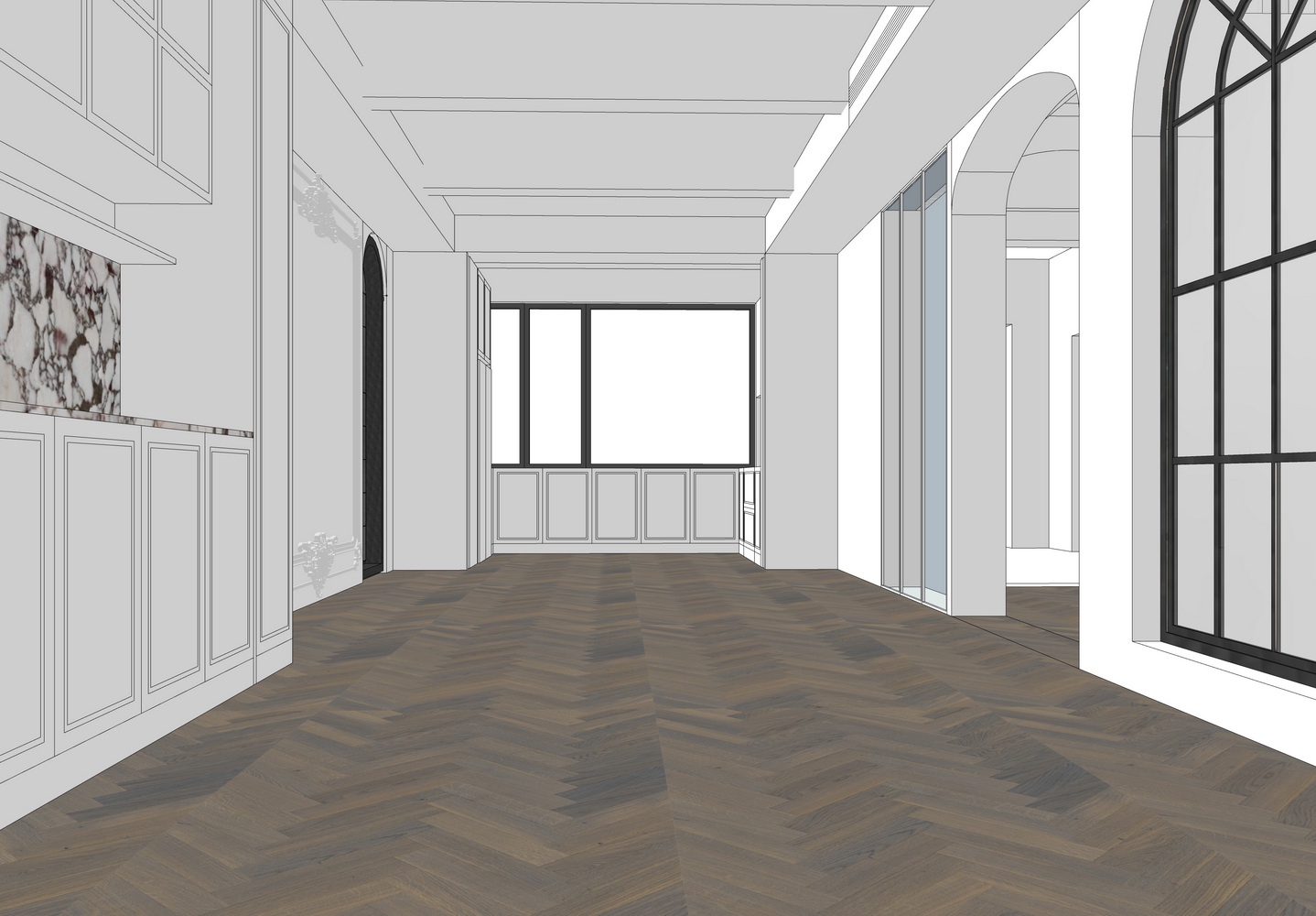 现代中古风别墅私宅1F空间SU模型-3