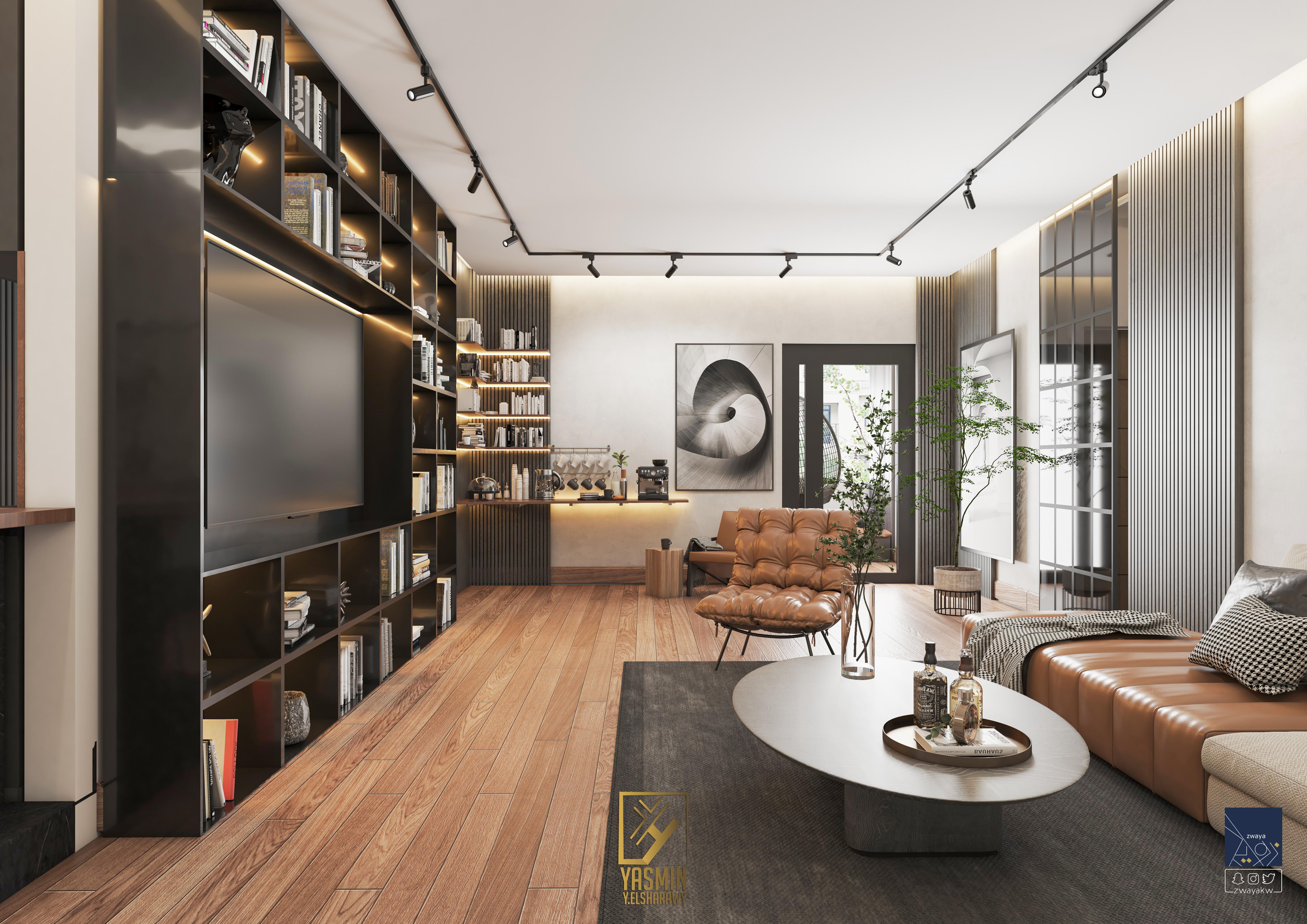 当代客厅与开放式厨房和餐厅设计丨yasminy.elsharawy-15