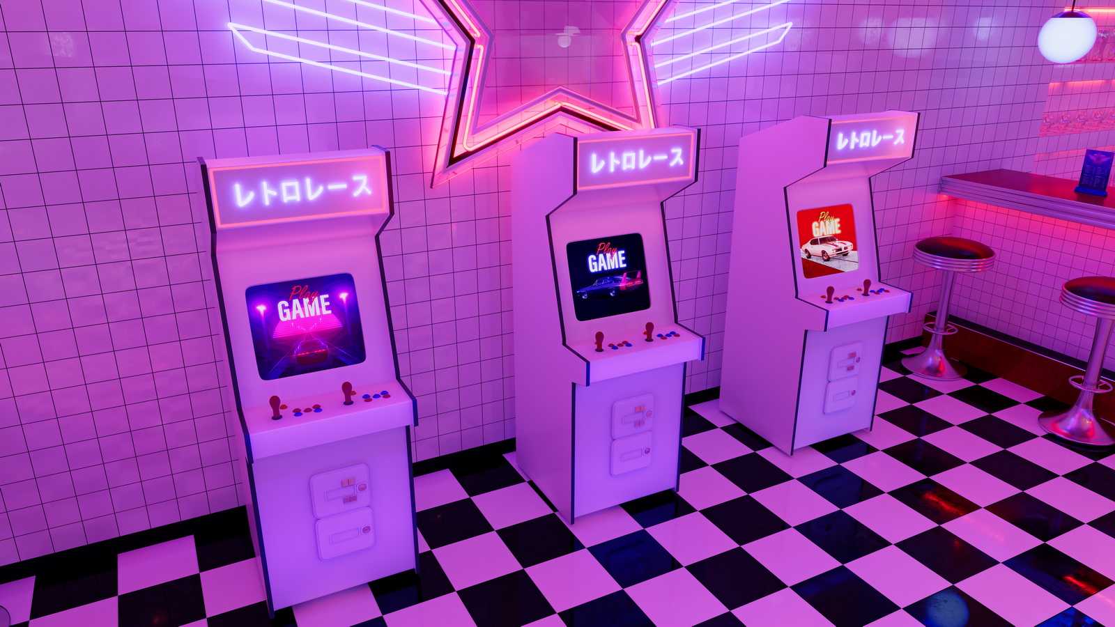 Retro diner interior with jukebox and arcade machine.-9