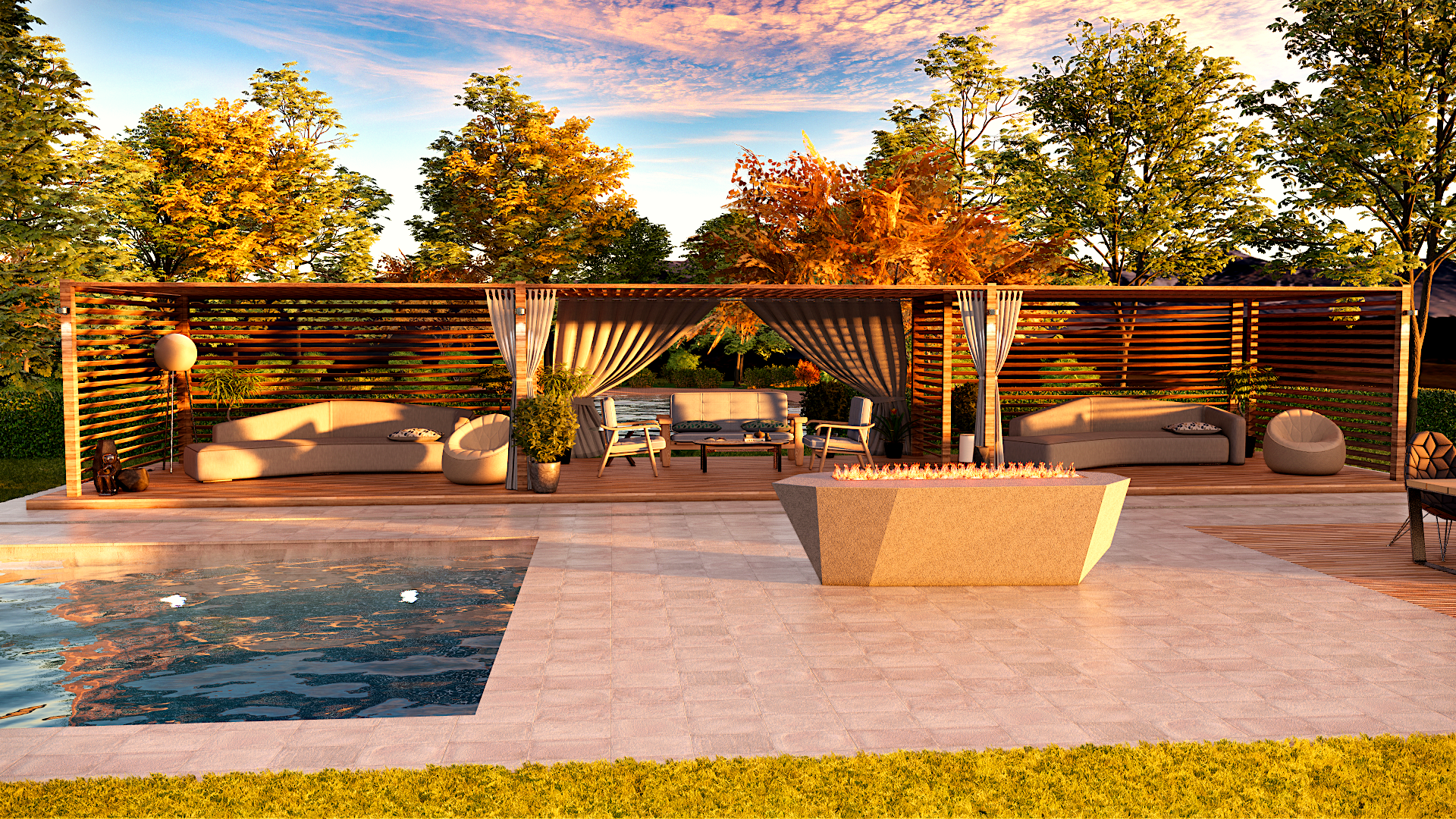Modern pool lounge with firepit-0