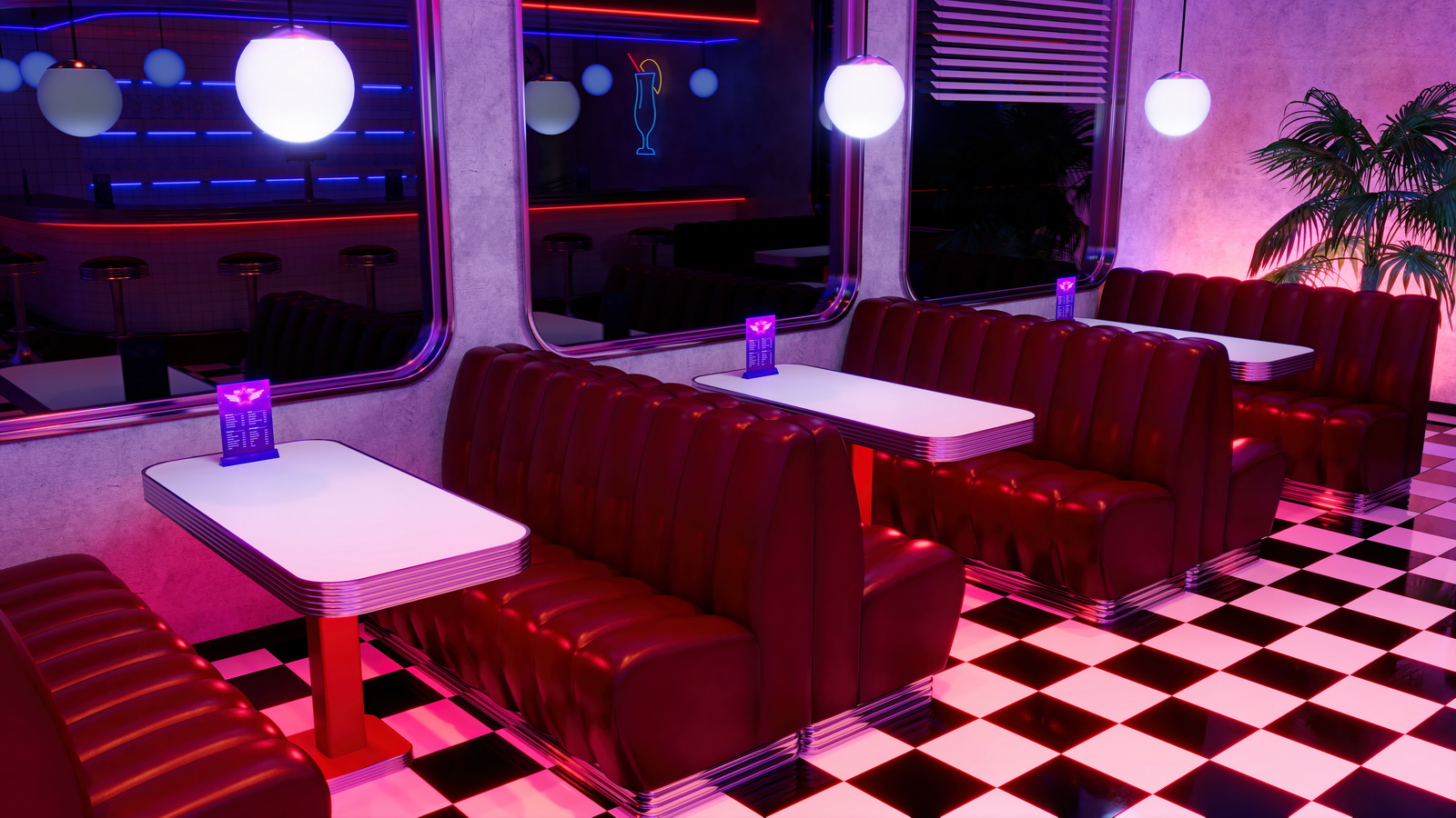 Retro diner interior with jukebox and arcade machine.-6