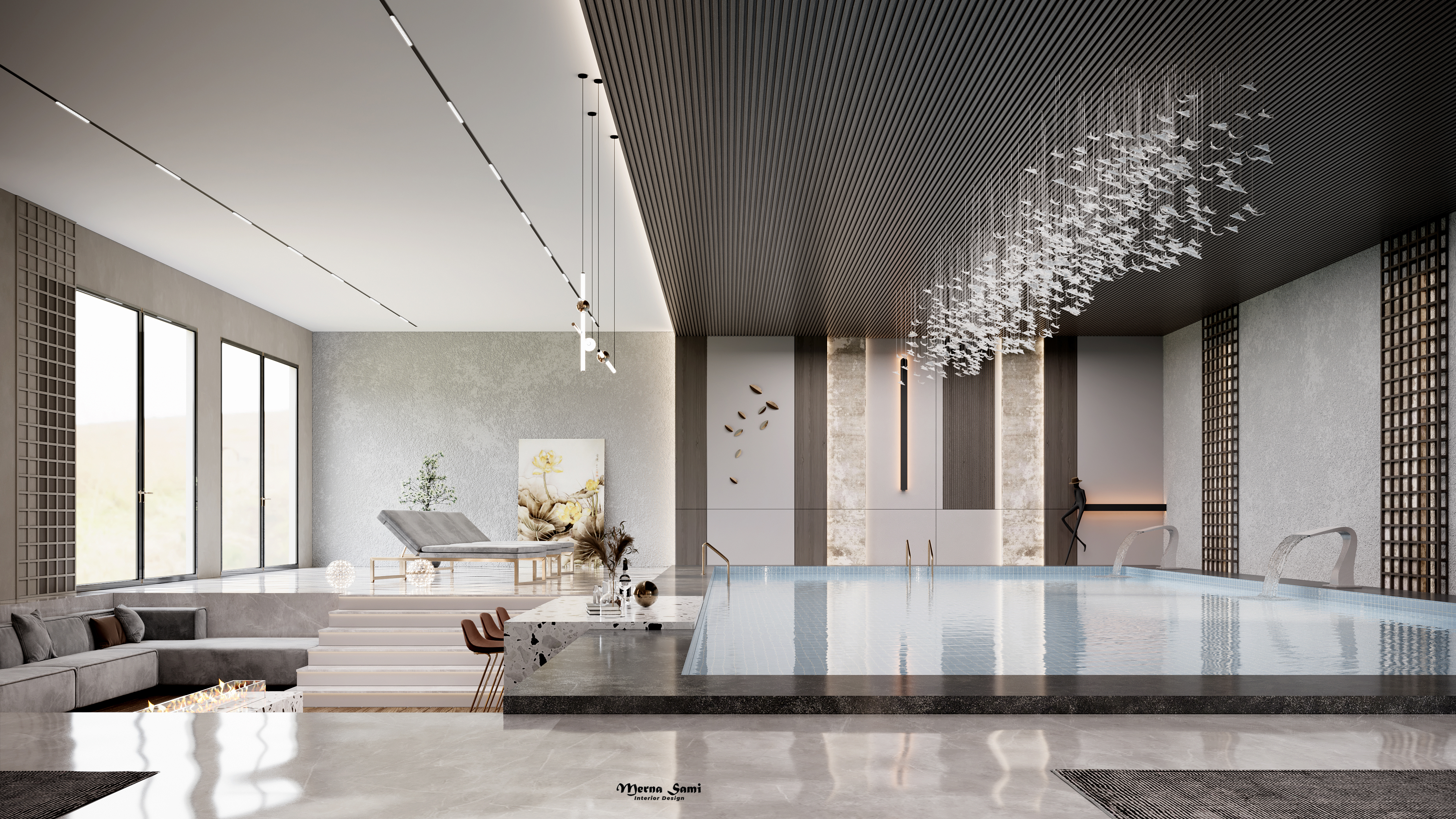 现代室内泳池,开放式厨房和客厅室内设计-13