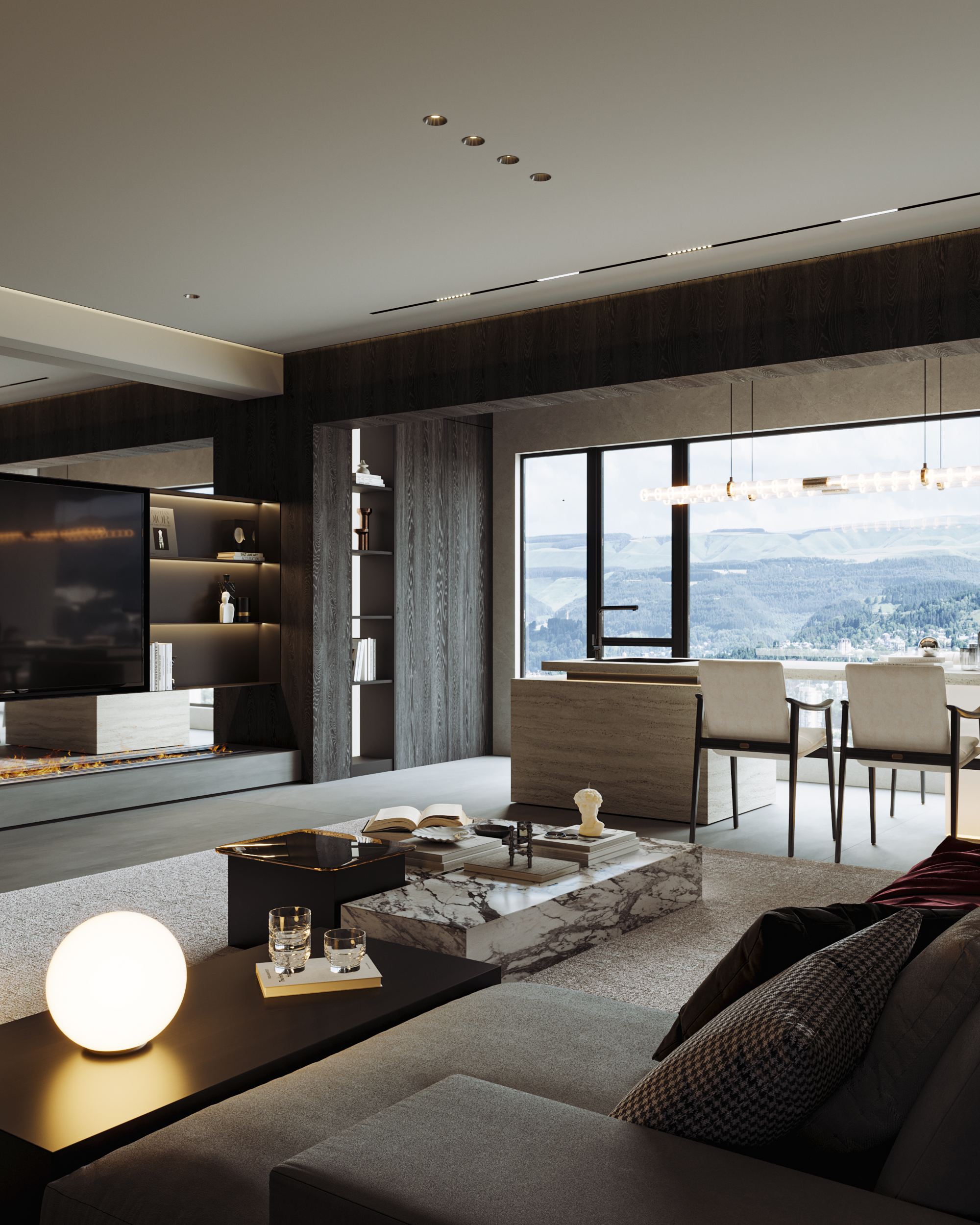 现代黑白灰·大横厅丨冈舍效果图表现-17