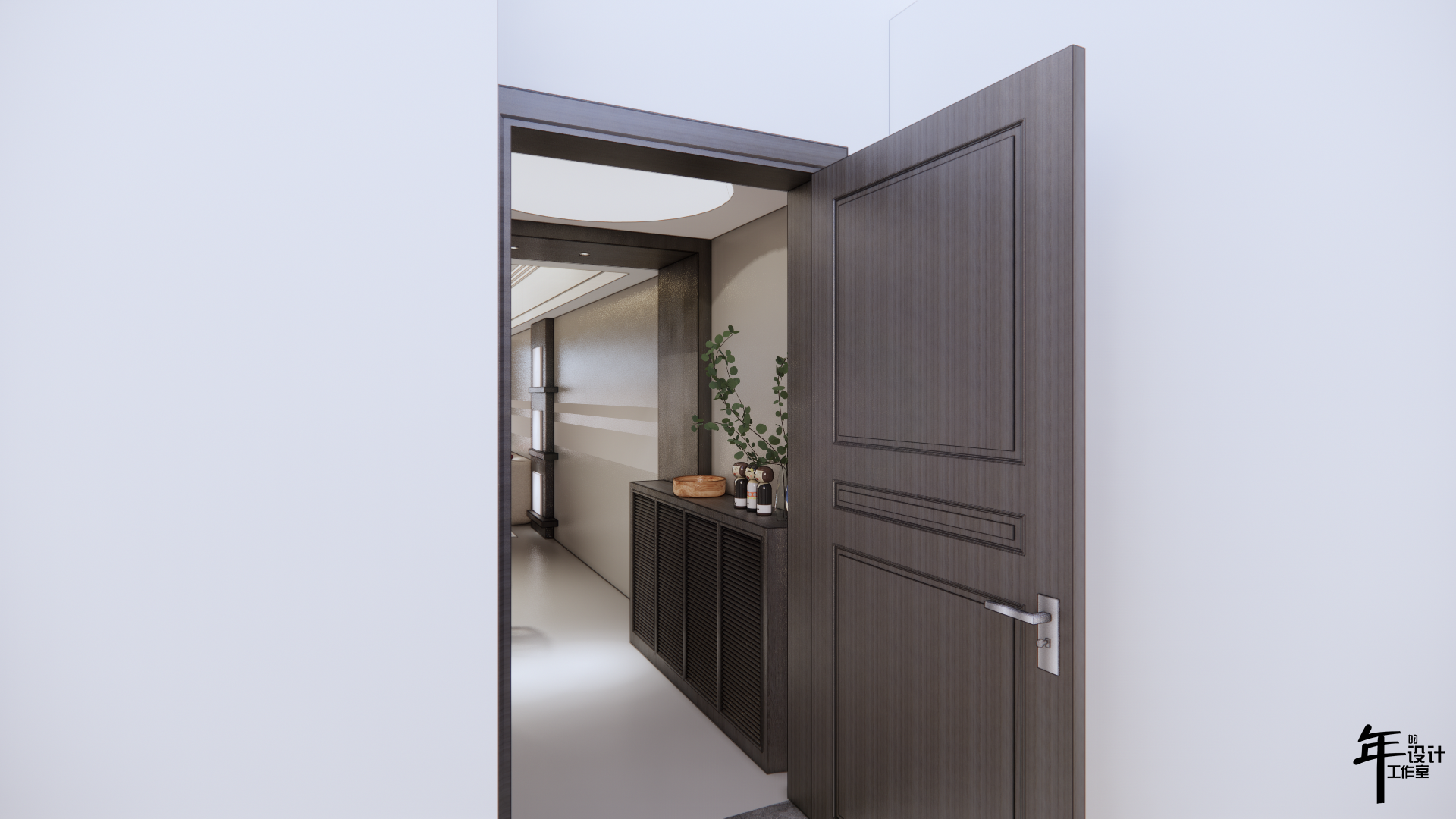 灰色中性网格的现代之家 | 实木、铬、红色点亮空间-8