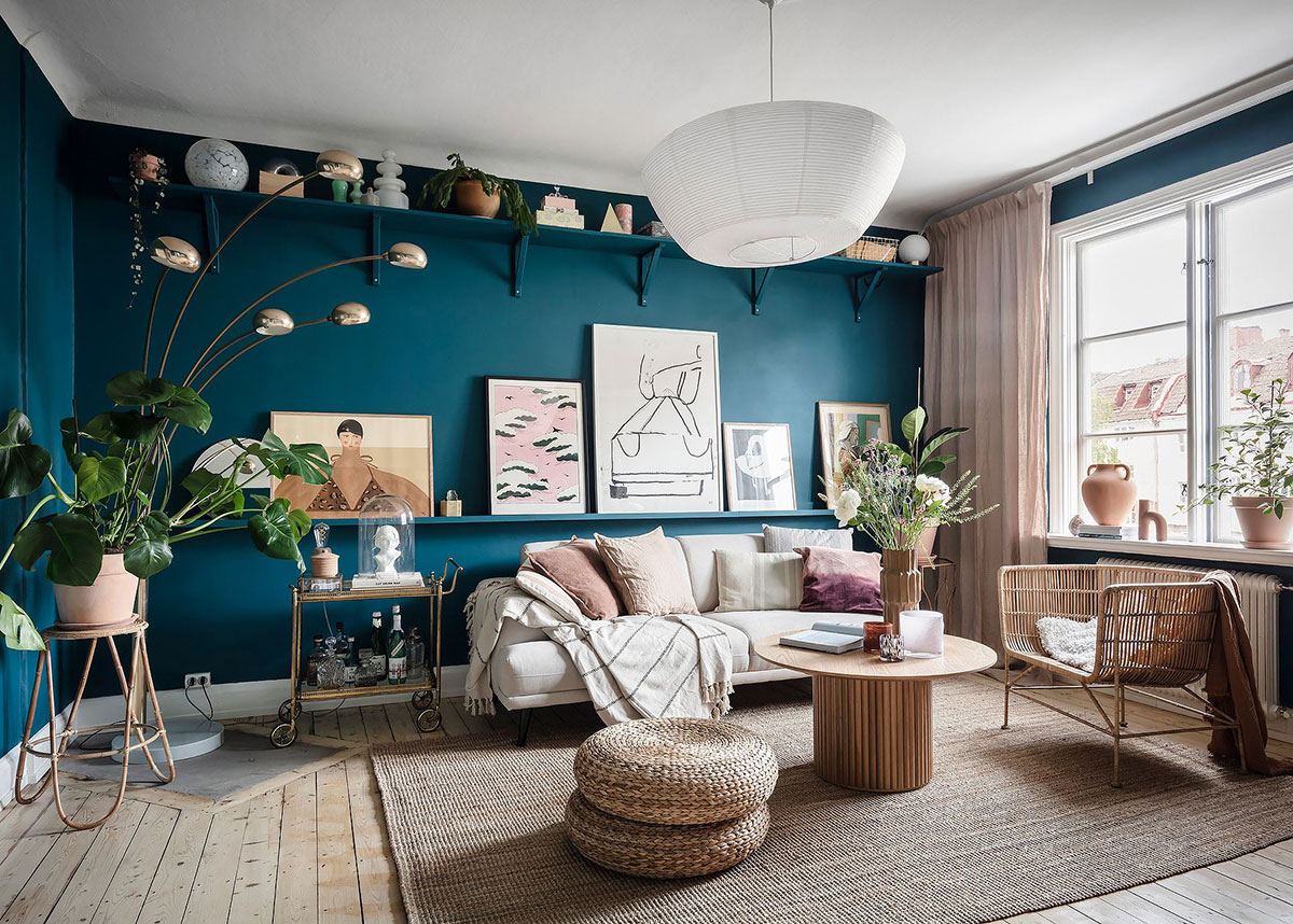哥德堡大胆蓝色公寓，充满装饰的 65 平米空间-1