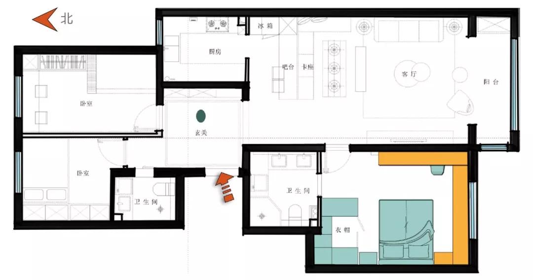 莫兰迪色系撞色设计，打造 107㎡三室一厅的时尚空间-19