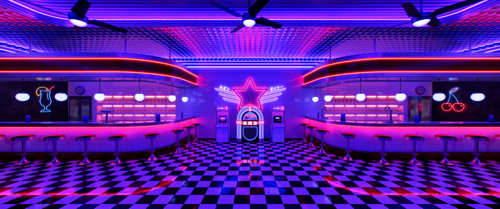 Retro diner interior with jukebox and arcade machine.-0
