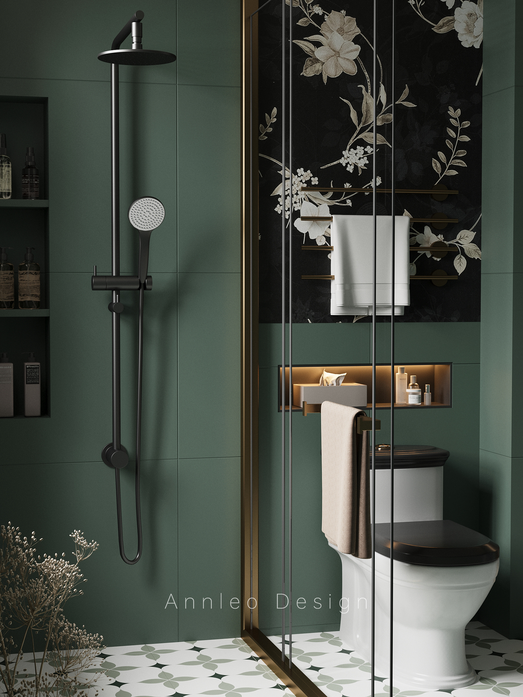 黑白键及墨绿卫浴空间瓷砖搭配项目-11