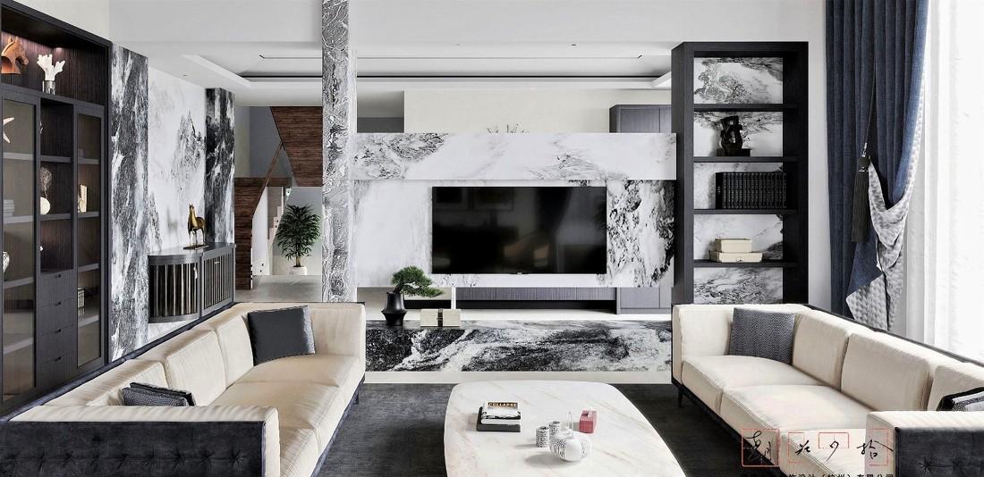 
大挑高斜屋顶的现代客厅方案 -0