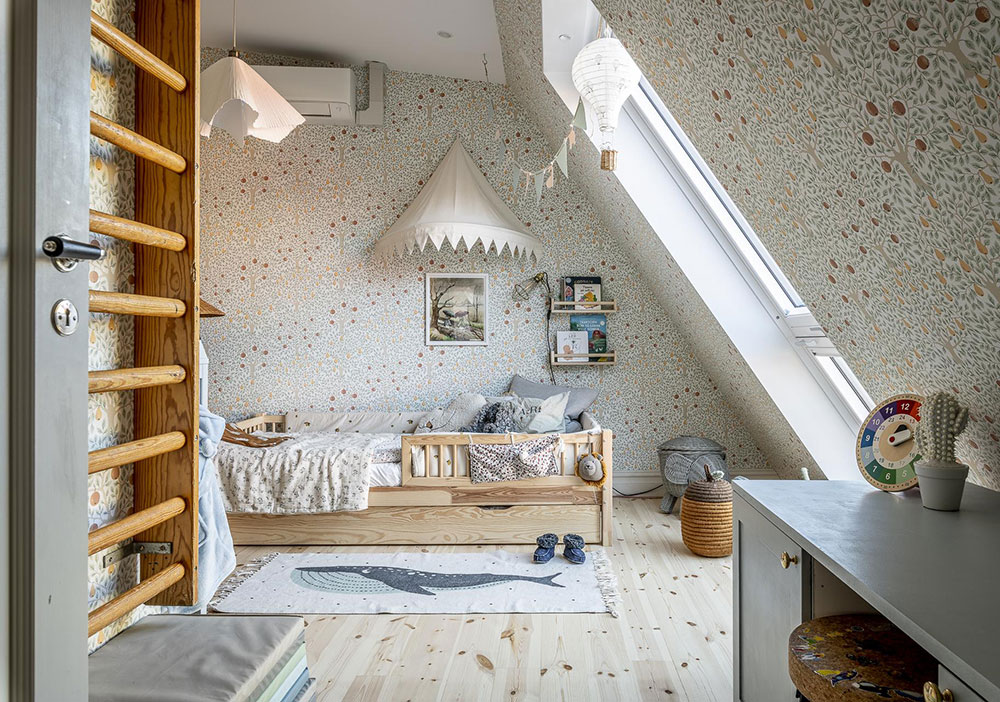 瑞典独特公寓设计,阁楼卧室墙纸亮点-30