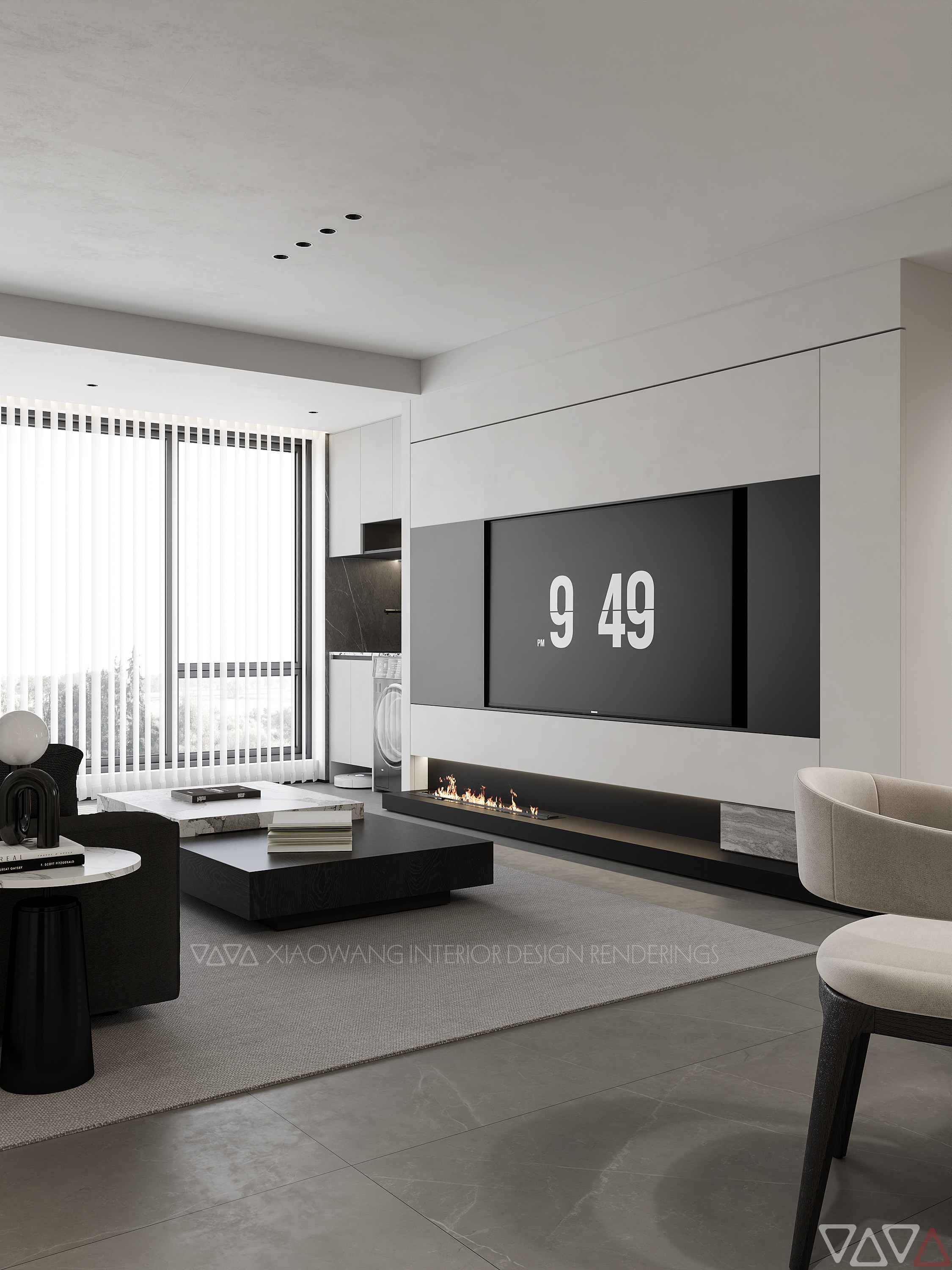 现代黑白灰客餐厅效果图-6