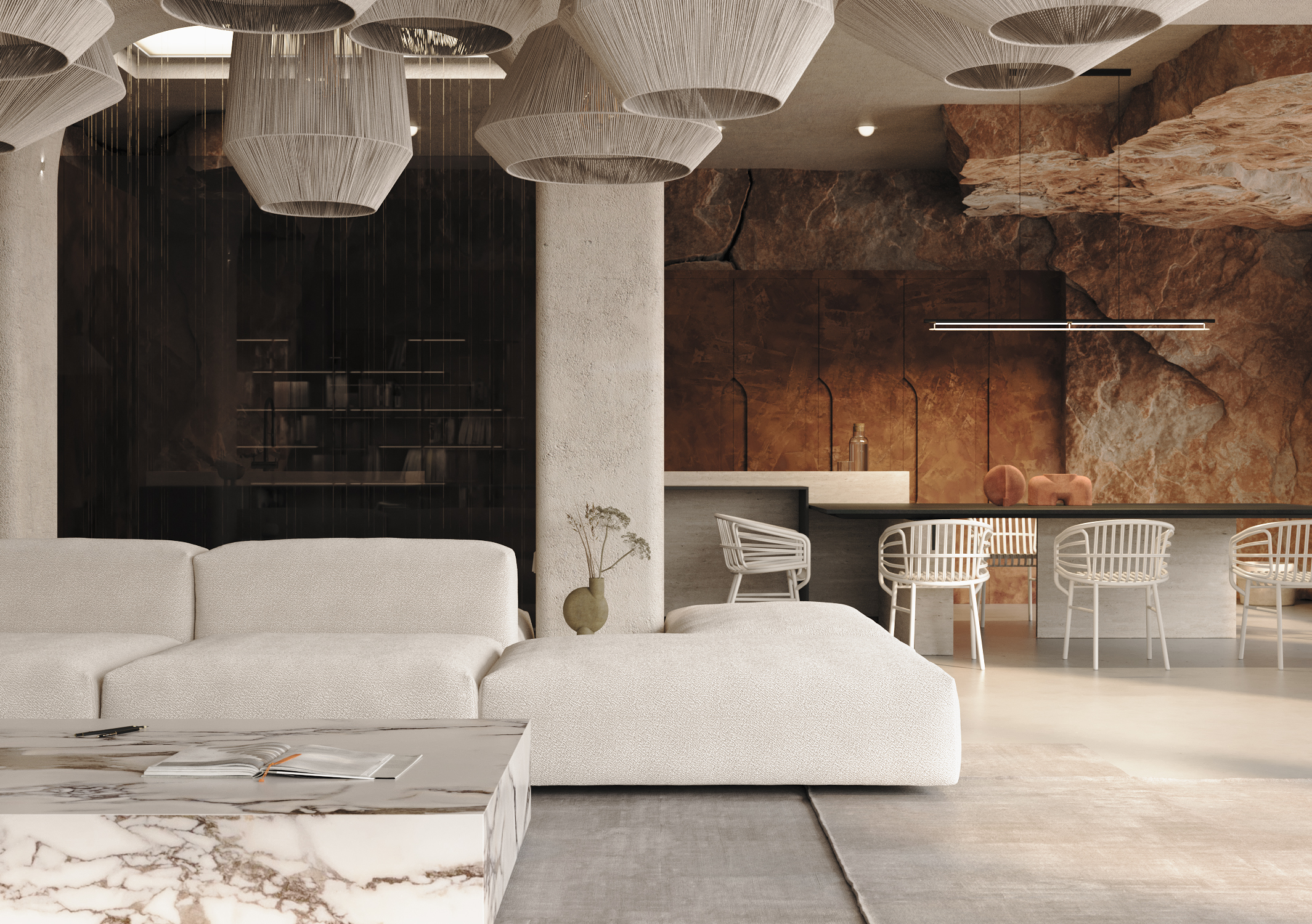 Дом в скале - интерьер кухни-гостиной-0