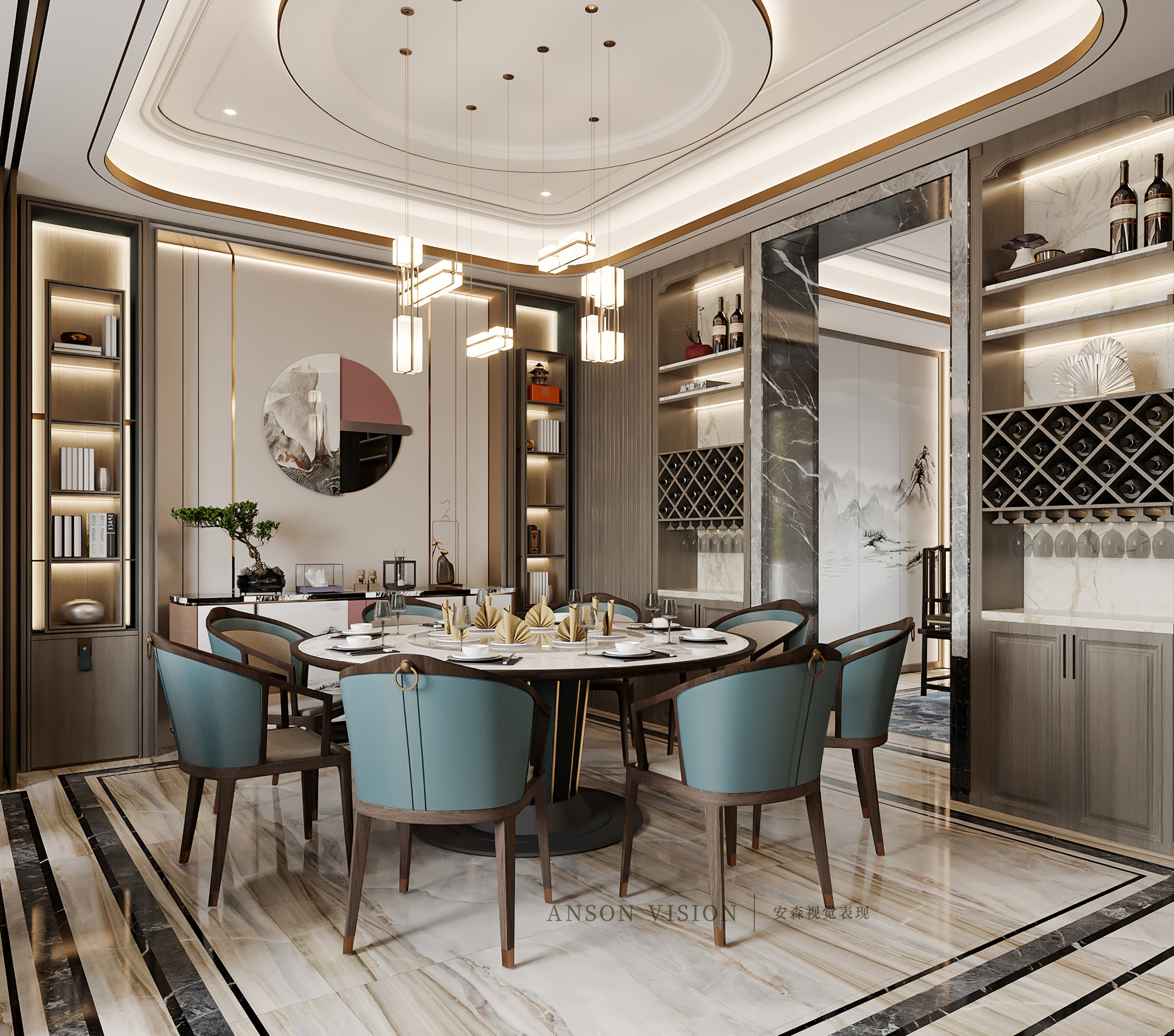 韵味·新中式别墅效果图丨Ansonvision·蒙头睡-10