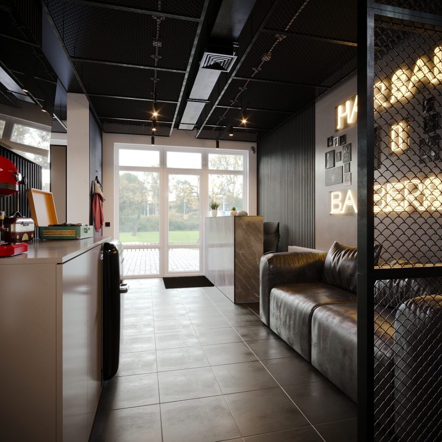 Modern Industrial Barbershop — Interior Visualization-10