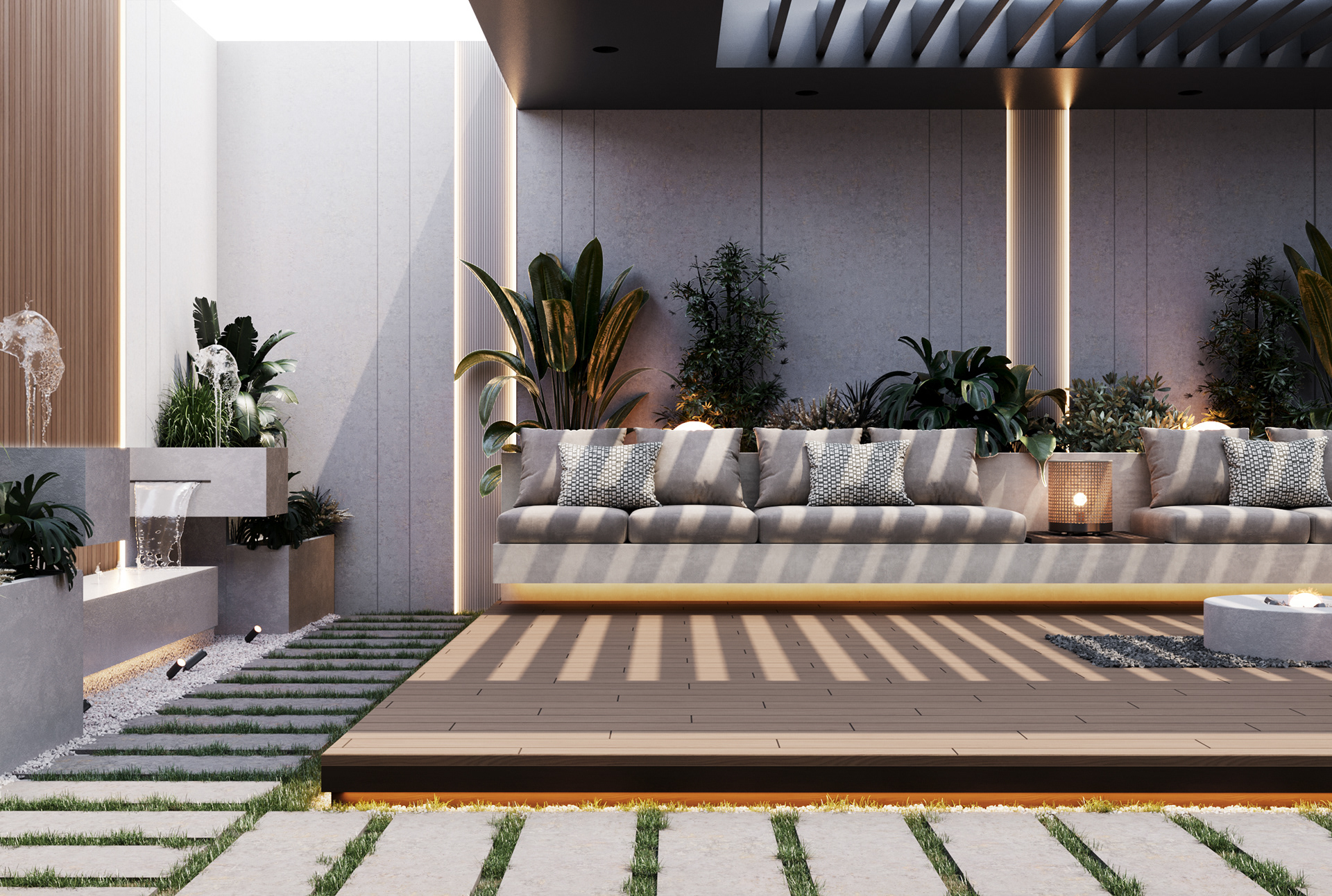 带瀑布的户外花园座位区设计丨沙特阿拉伯-7