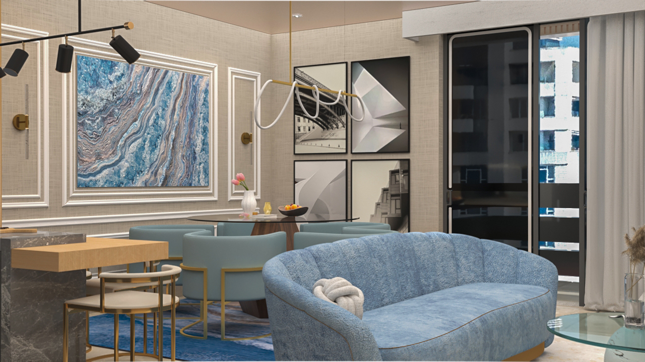 Studio apartment 3D modeling. Kitchen and Living room.-3