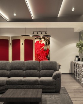 Contemporary,home cinema, billiard, terrazzo