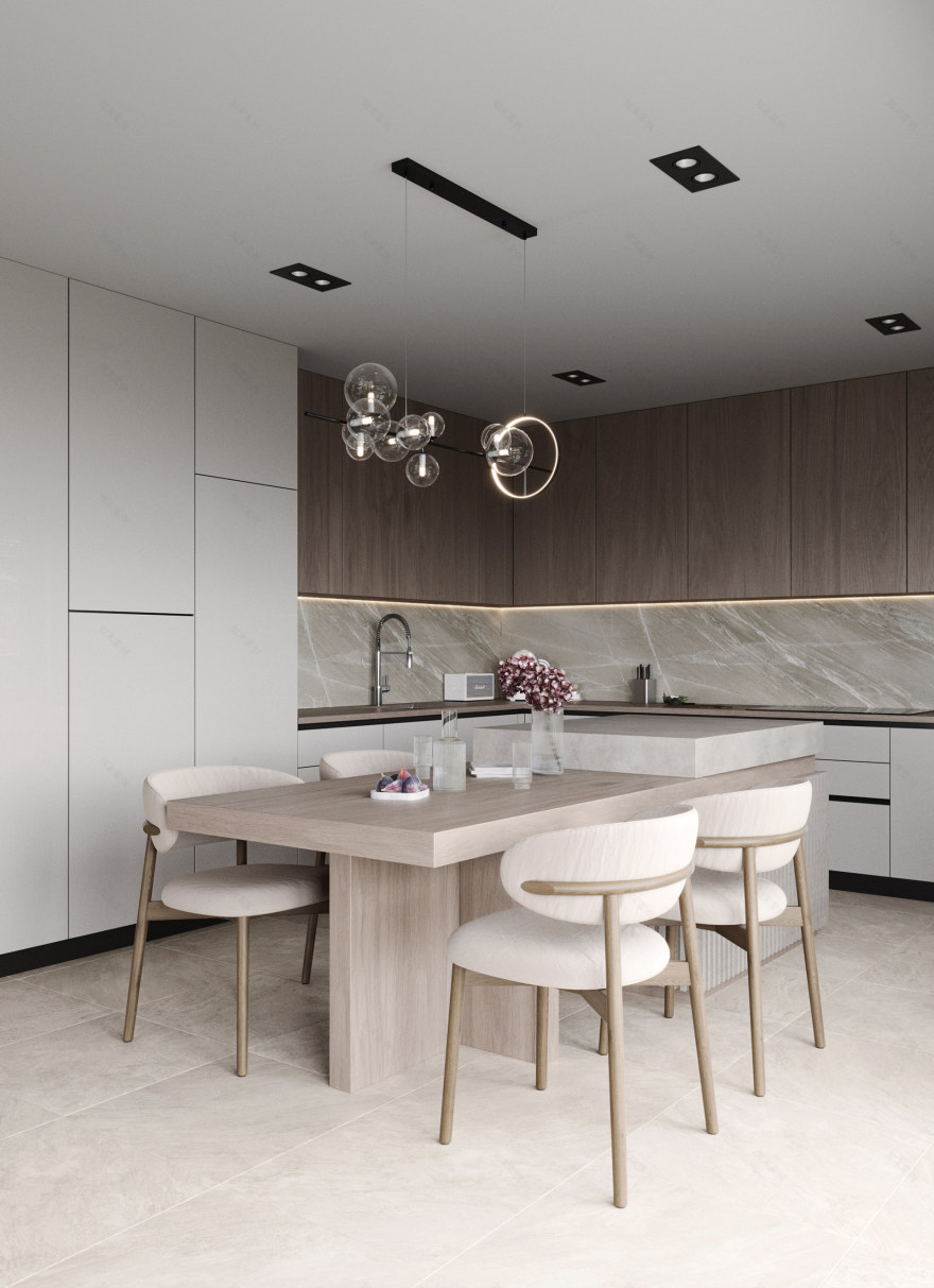 现代风格厨房与客厅结合空间设计丨乌克兰-1