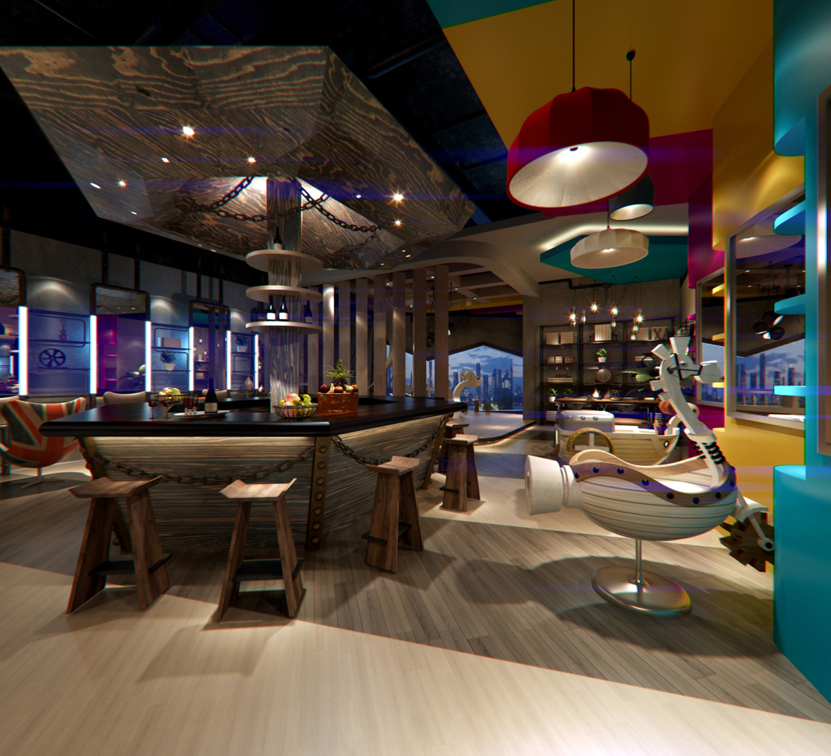 餐厅设计效果图中餐厅餐厅包间包房小吃店面馆工业主题餐厅-3-3