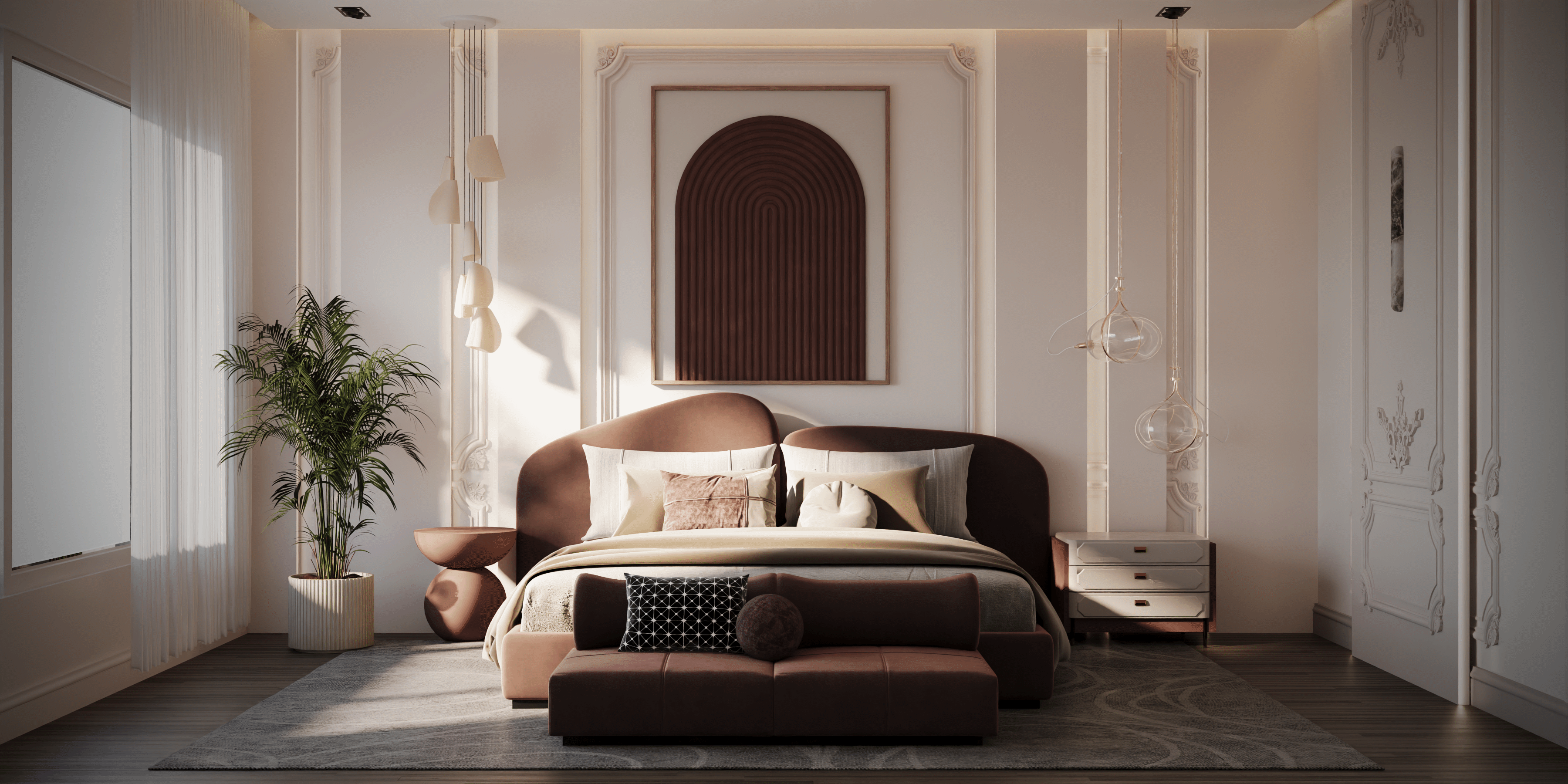 Neo Classic Bedroom | White & Burgundy Elegance-3