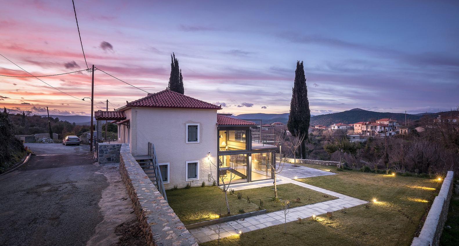 希腊山间住宅的现代钢结构玻璃延伸-21