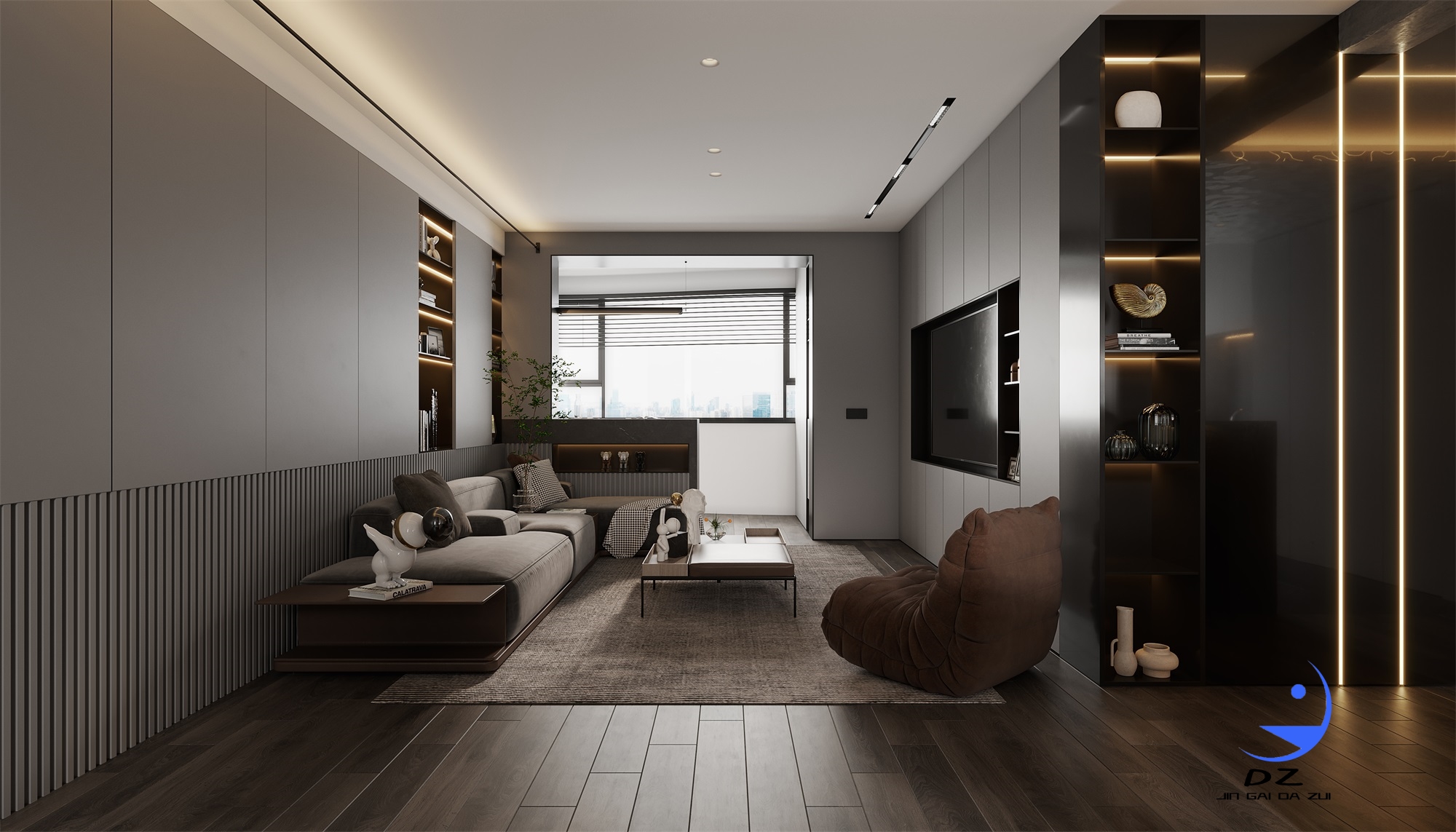 现代黑白系客餐厅卧室过道效果图-3