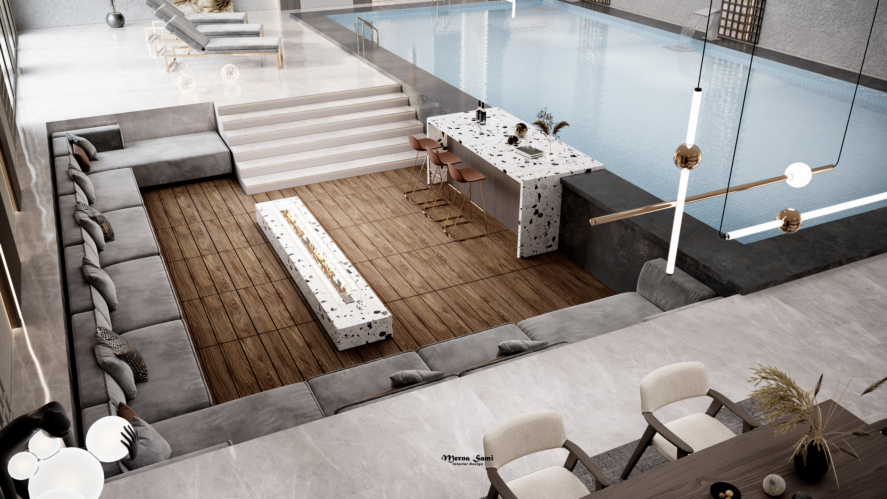 现代室内泳池,开放式厨房和客厅室内设计-16