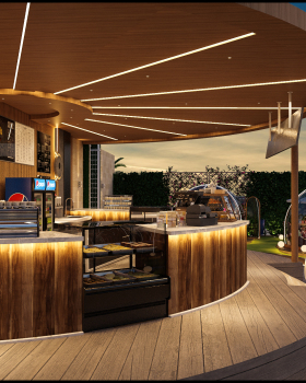 An open-air restaurant and coffee shop with a sea view.
