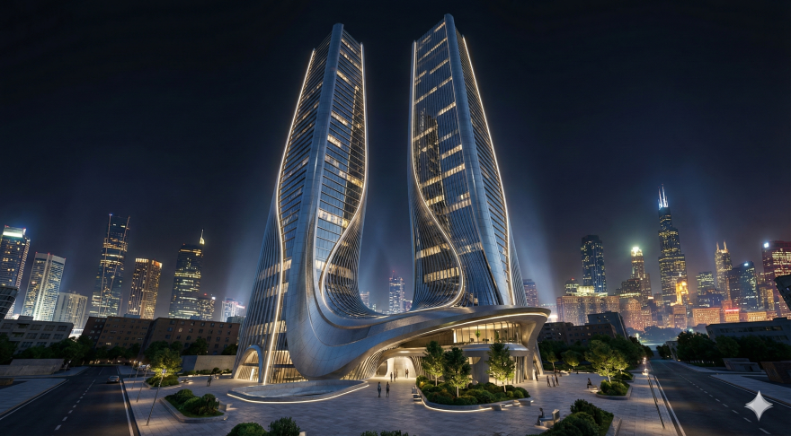 Futuristic Twin Scraper Visualization-5