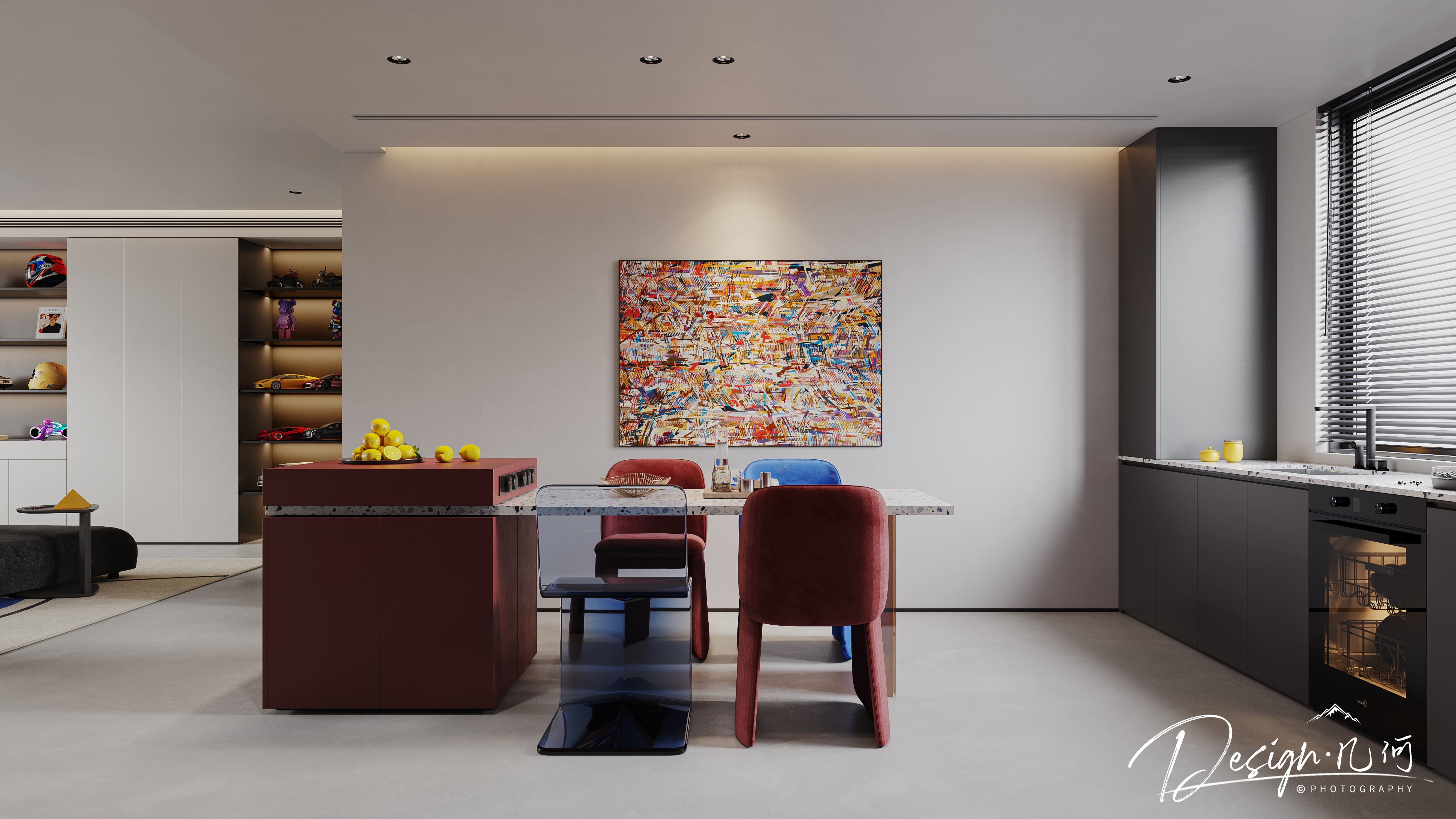 几何空间视觉表现 | 国悦府现代蒙德里安色系客餐厅-5