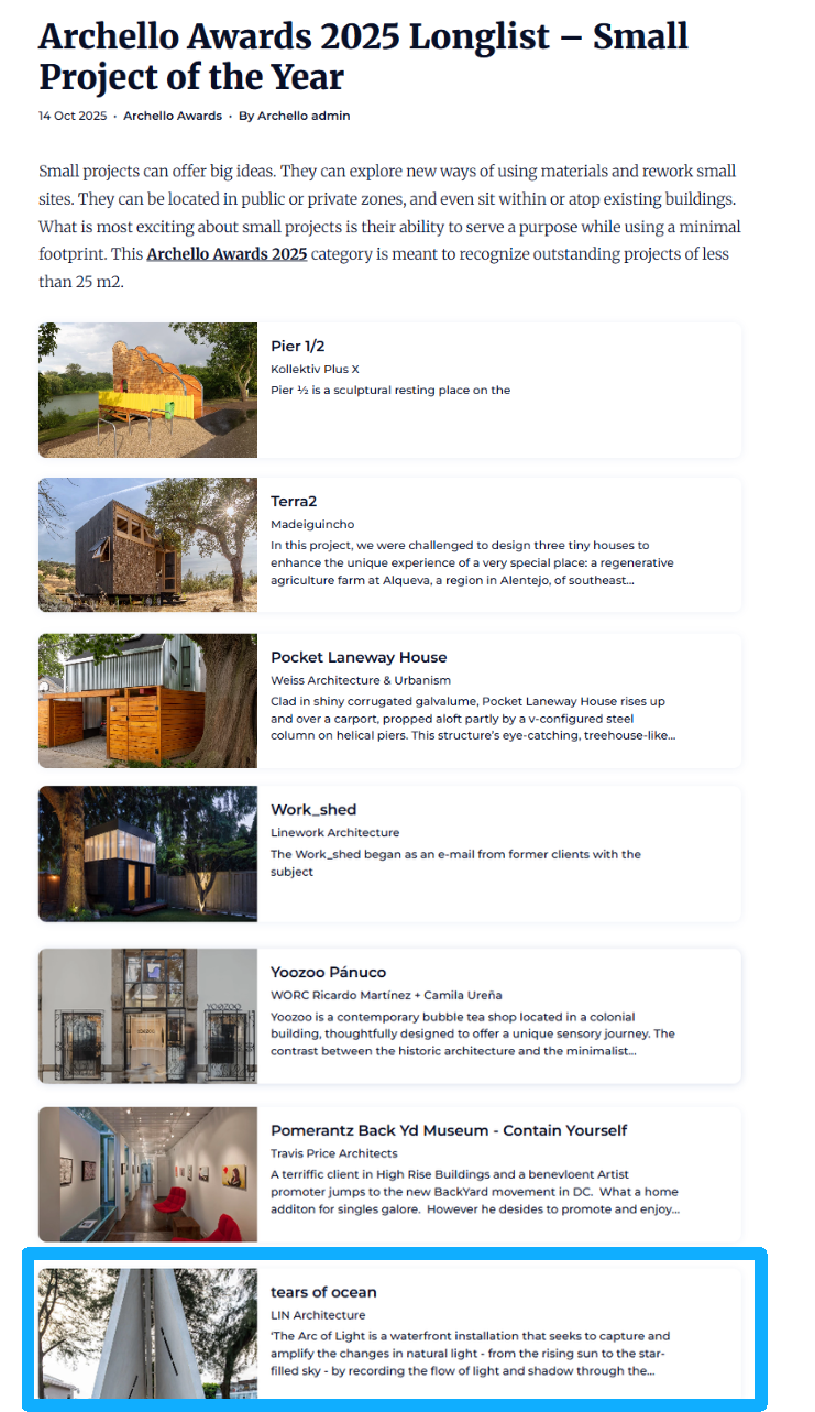 RAC实体搭建再获奖！《海洋之泪》入围2025ArchelloAwards全球最佳小型建筑，成此榜单中国唯一入选-2