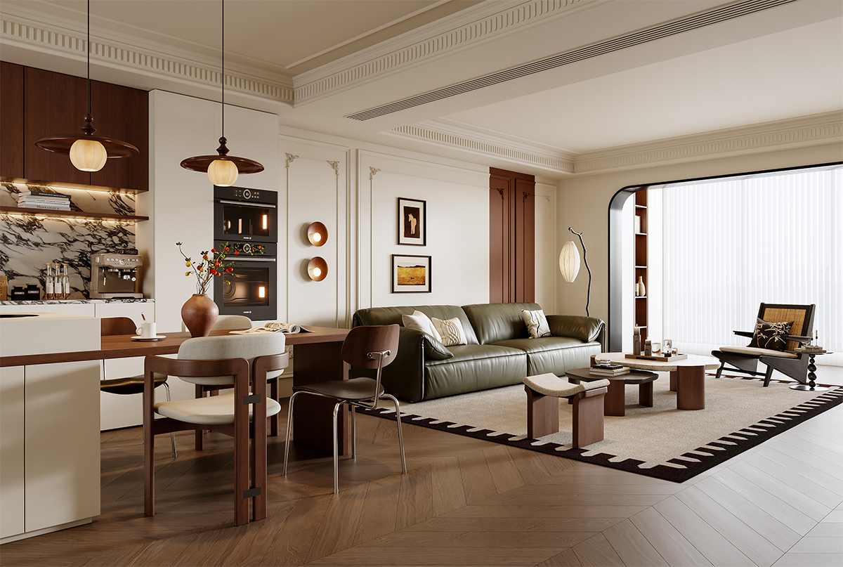 奶油法式复古客餐厅效果图表现-3