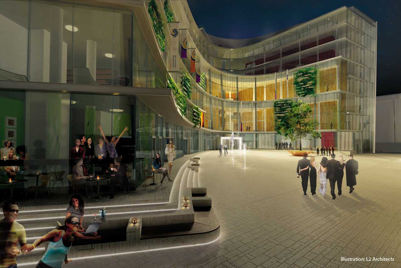 挪威 Lørenskog 中心广场 | 石材与绿植的和谐搭配-2