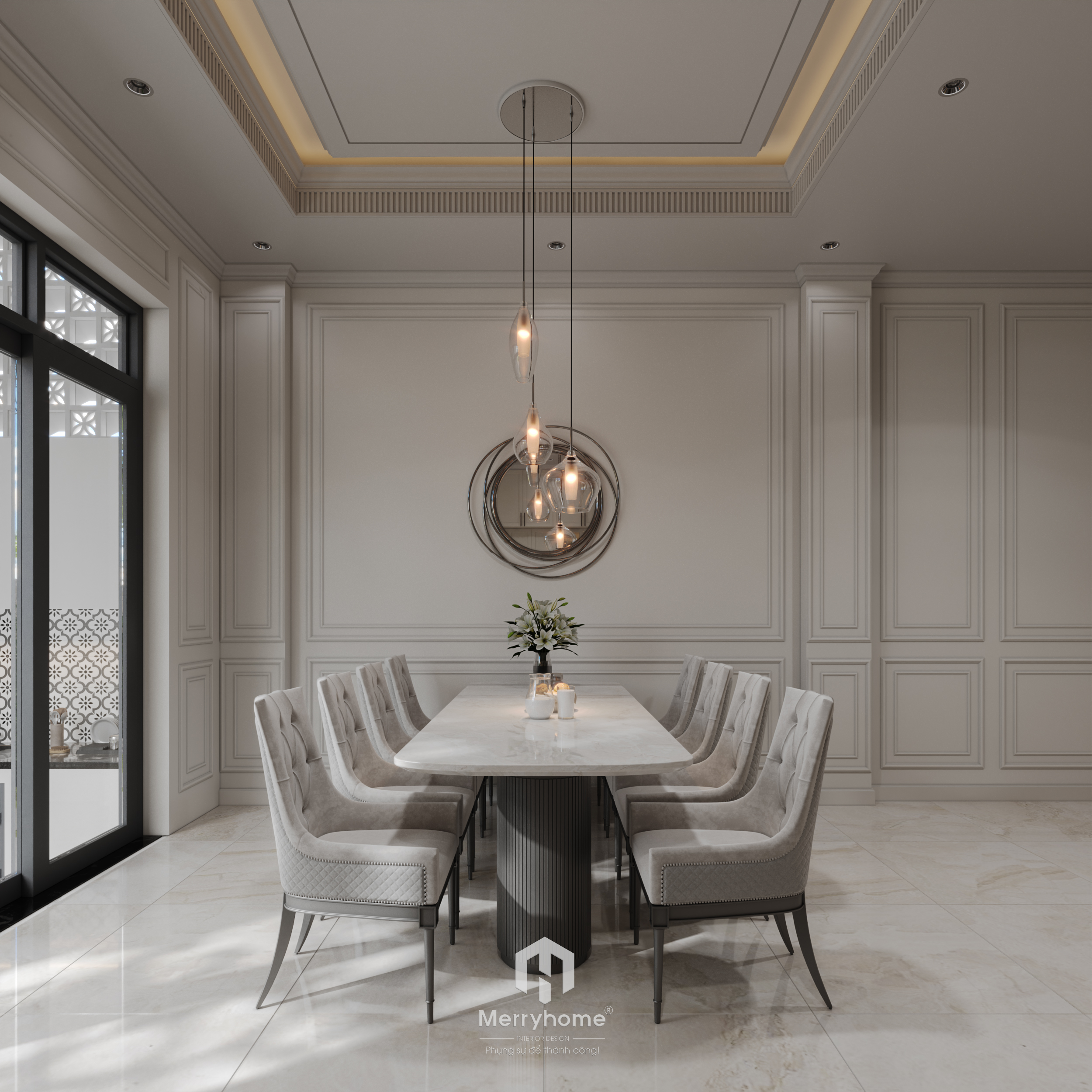 The living room and kitchen are in a neoclassical style-10